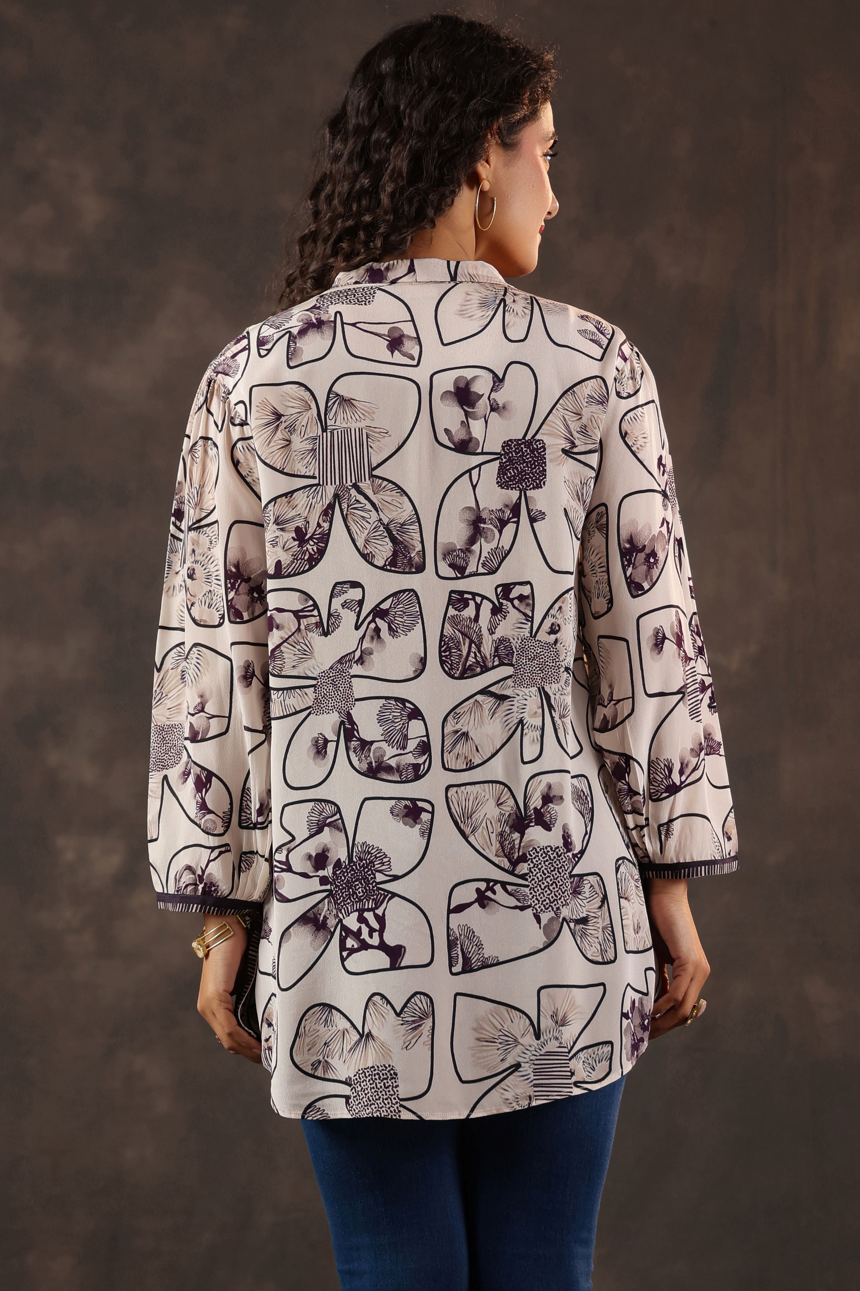 Ivory Plum Printed Crepe Silk Tie-Up Top