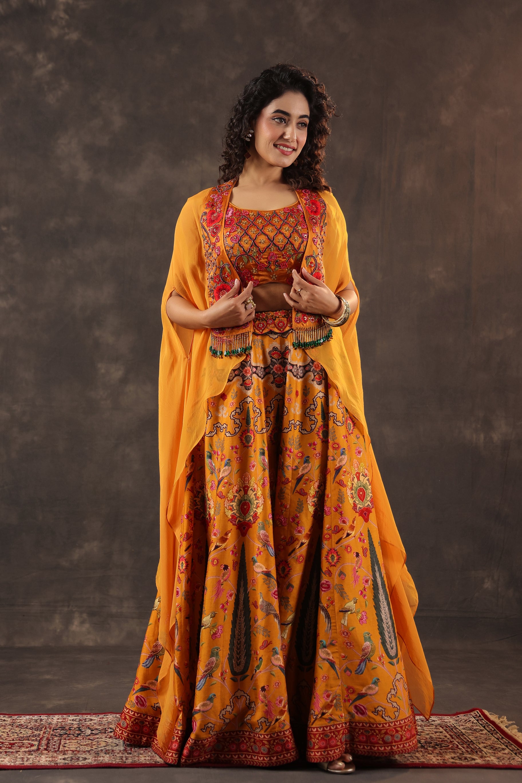 Marigold Paradise Embellished Premium Silk Cape Set