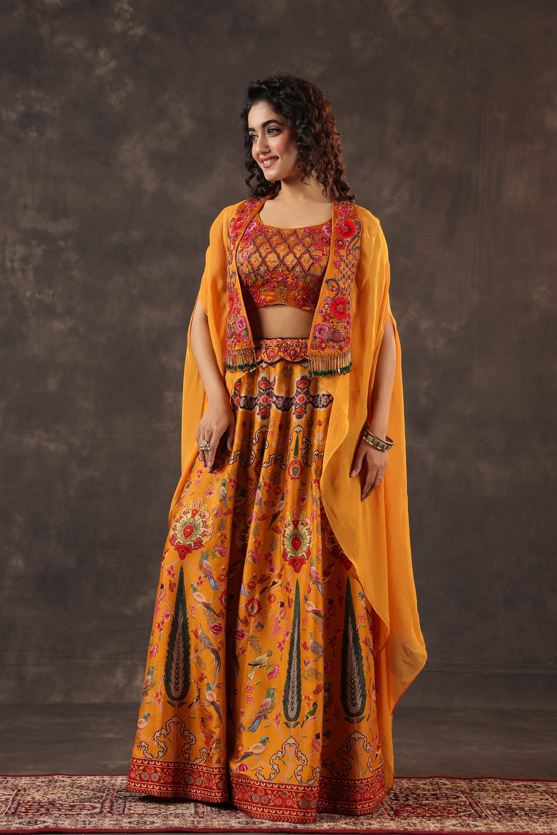 Marigold Paradise Embellished Premium Silk Cape Set