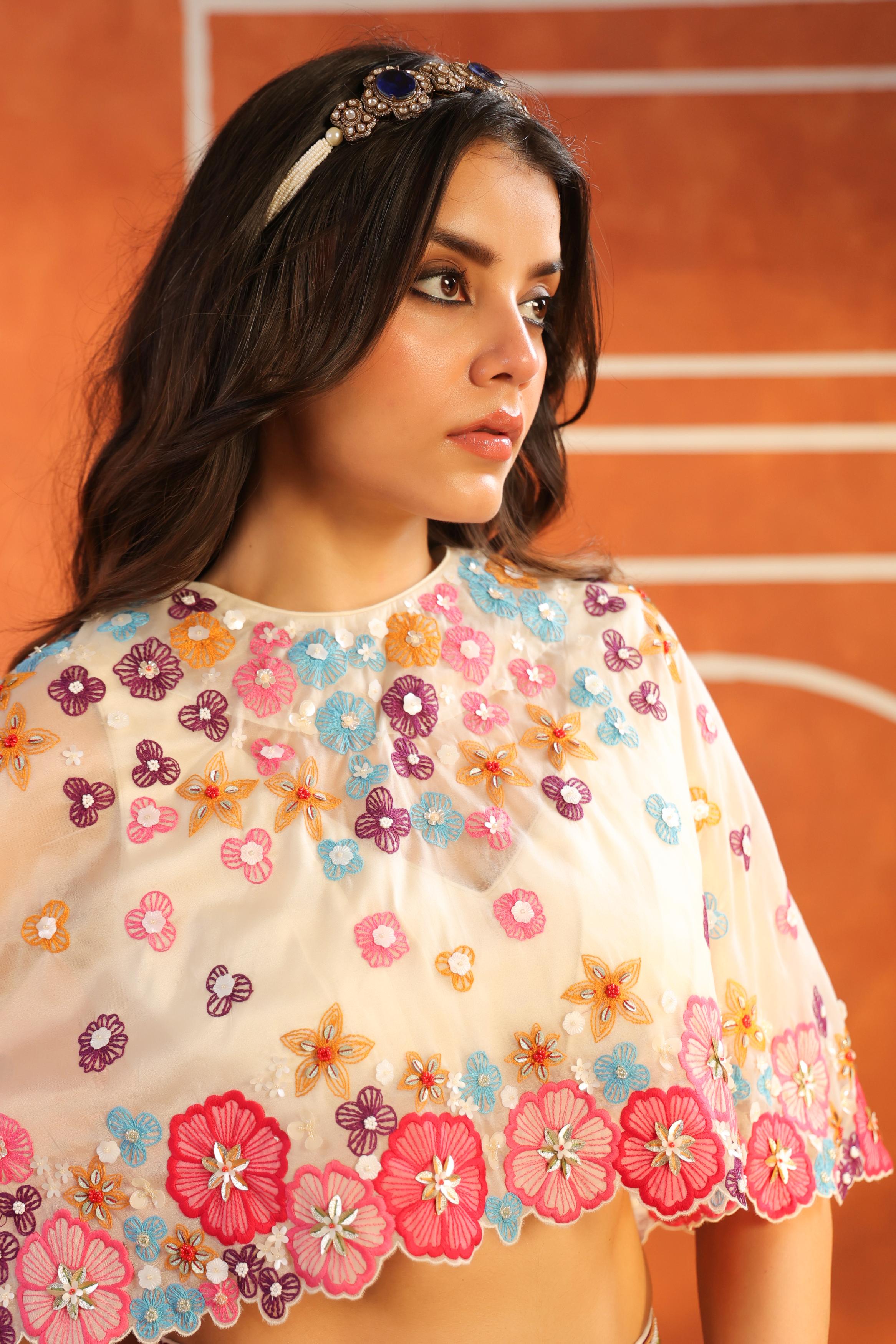 Ivory Multicolor Embellished Organdi Silk Lehenga Set