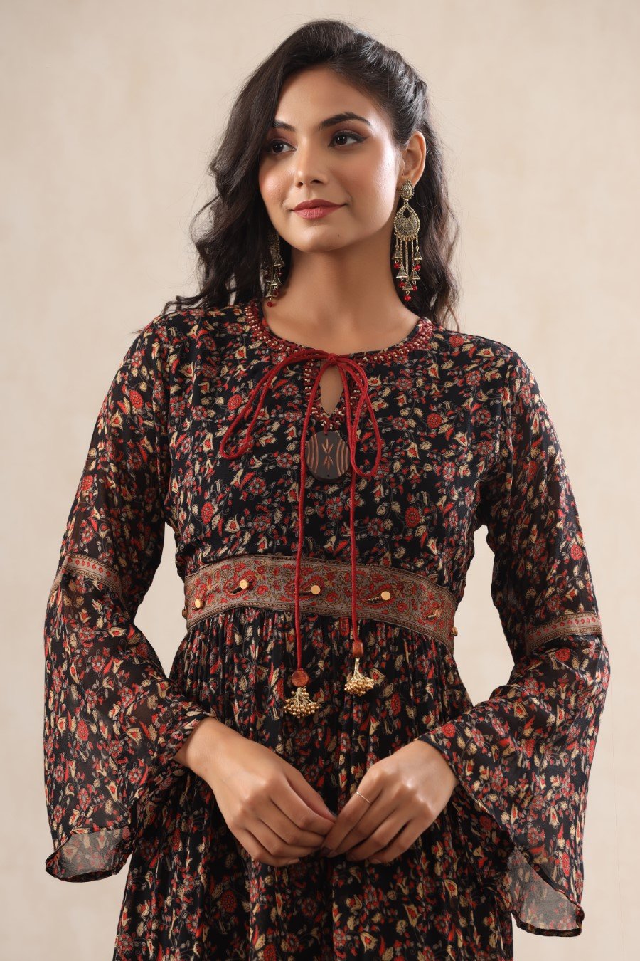 Black Georgette Silk Floral Flare Gown