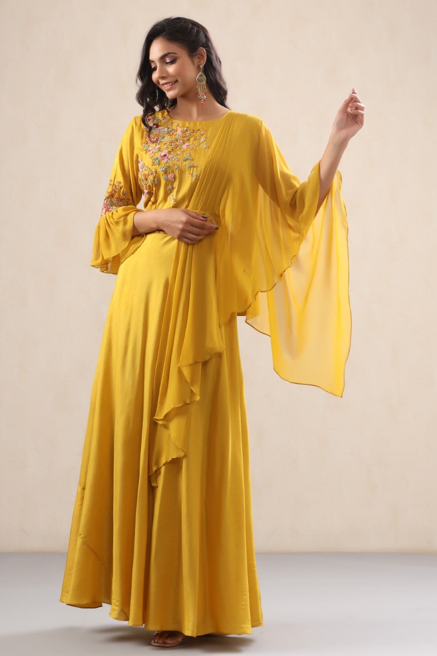 Mustard Dola Silk Pleated Gown