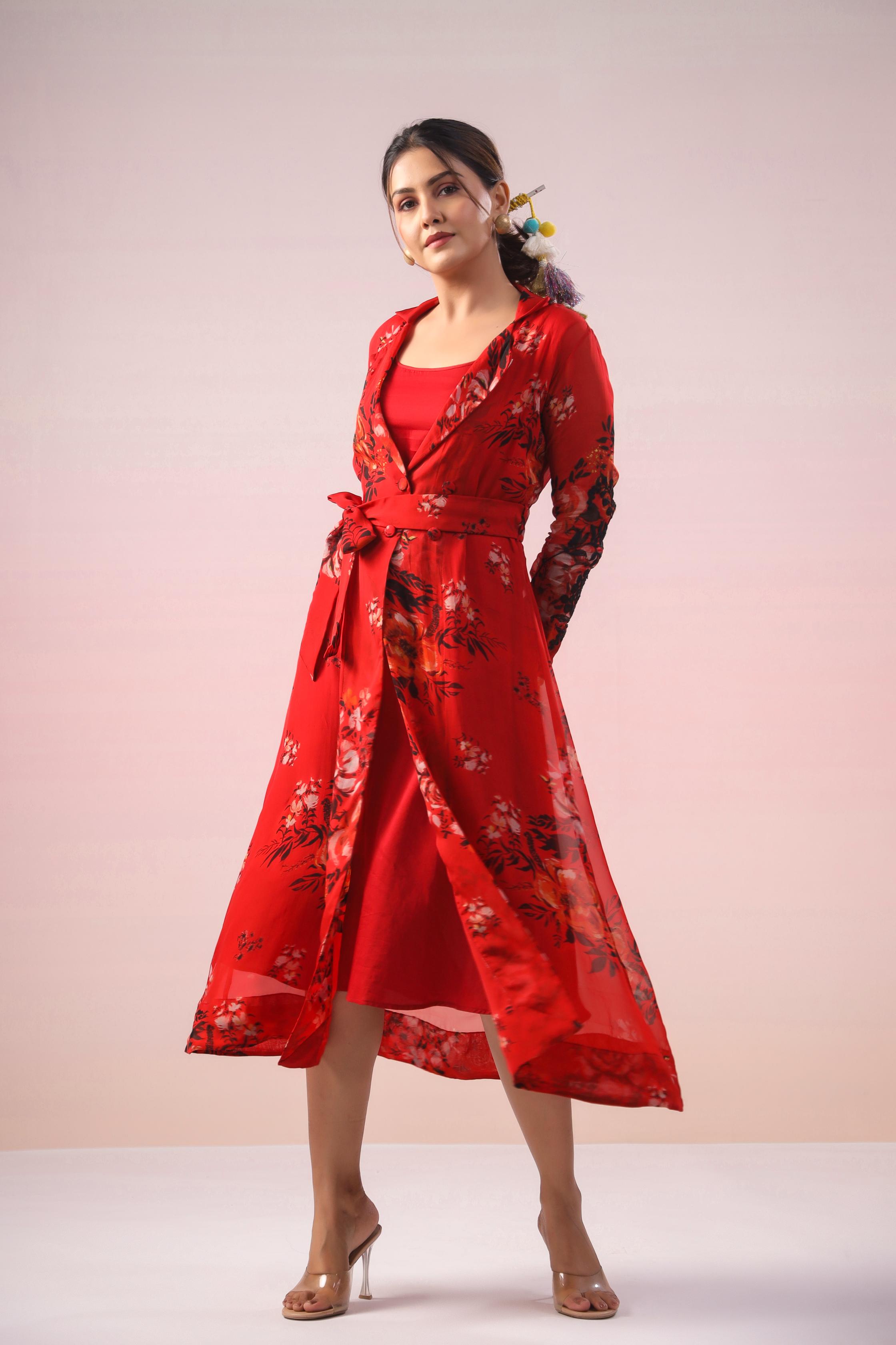 Vibrant Red Floral Printed Premium Organza Silk Dress