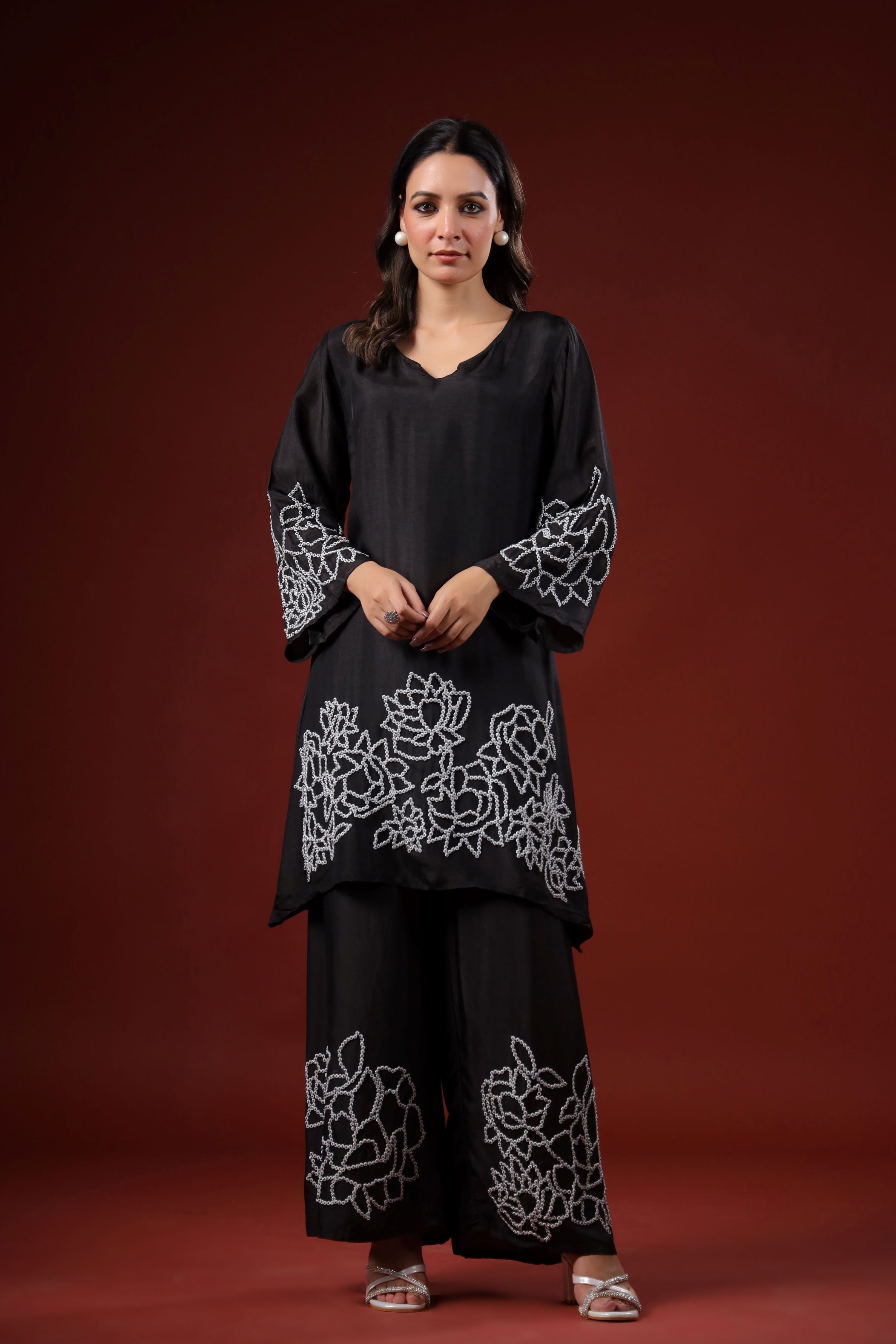 Black Embroidered Italian Silk Co-Ord Set