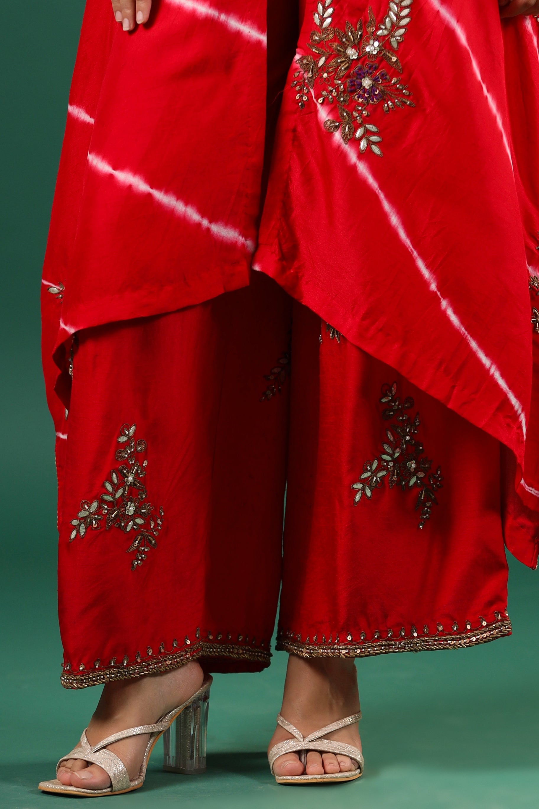 Red Embellished Raw Silk Cape Set