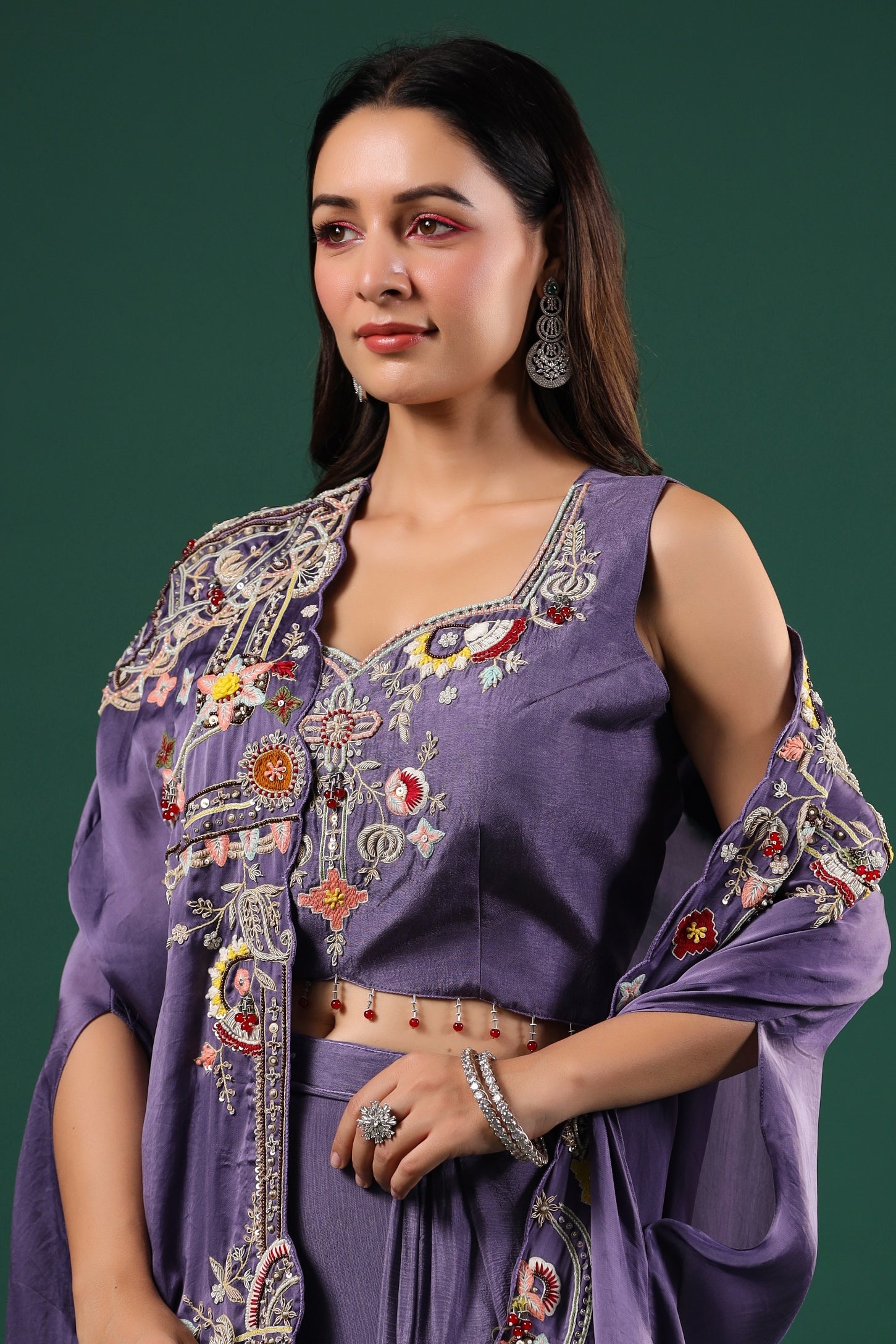 Purple Embellished Chinon Silk Skirt Set