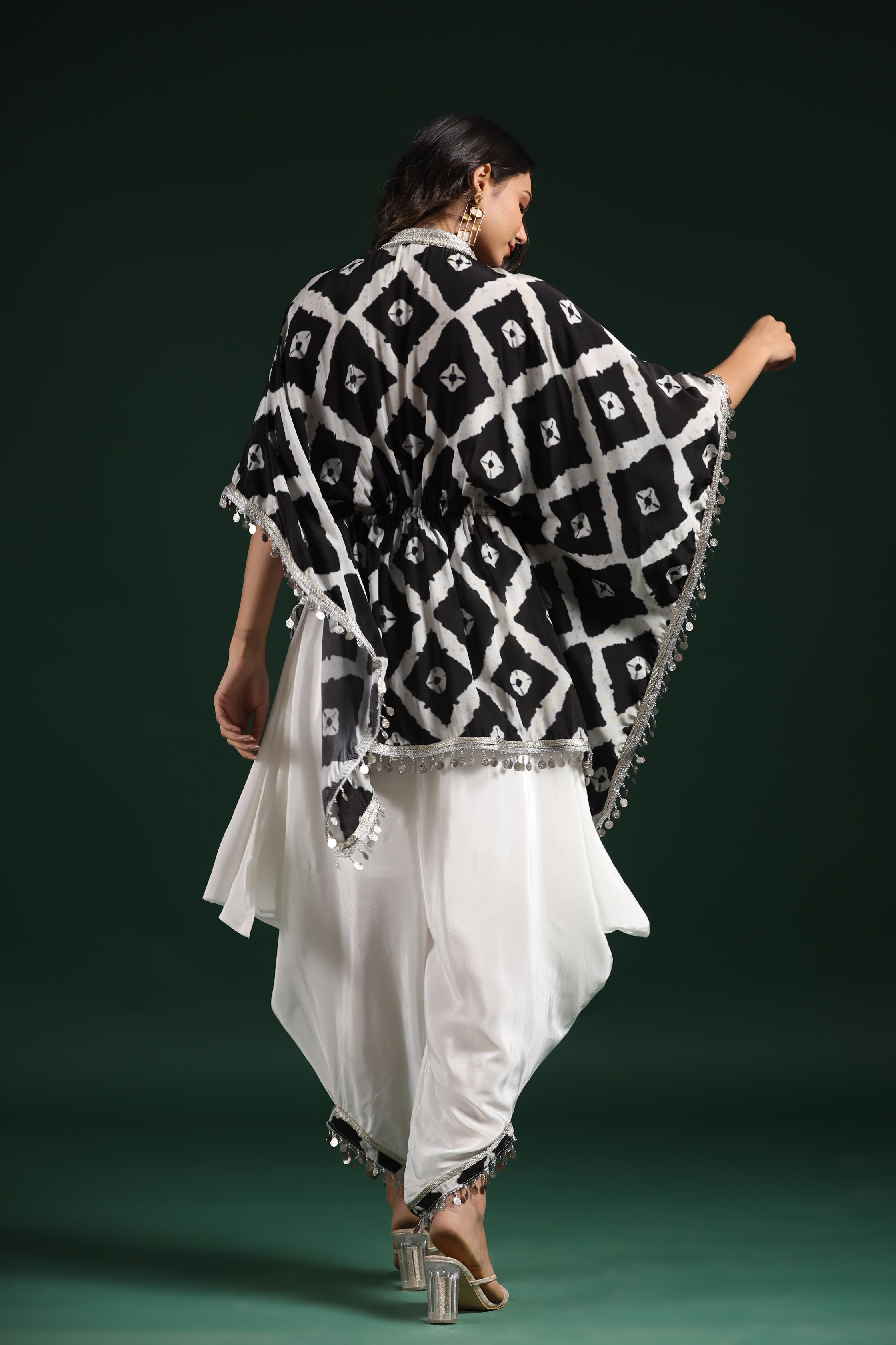 Black & White Printed Habutai Silk Kaftan Dhoti Set