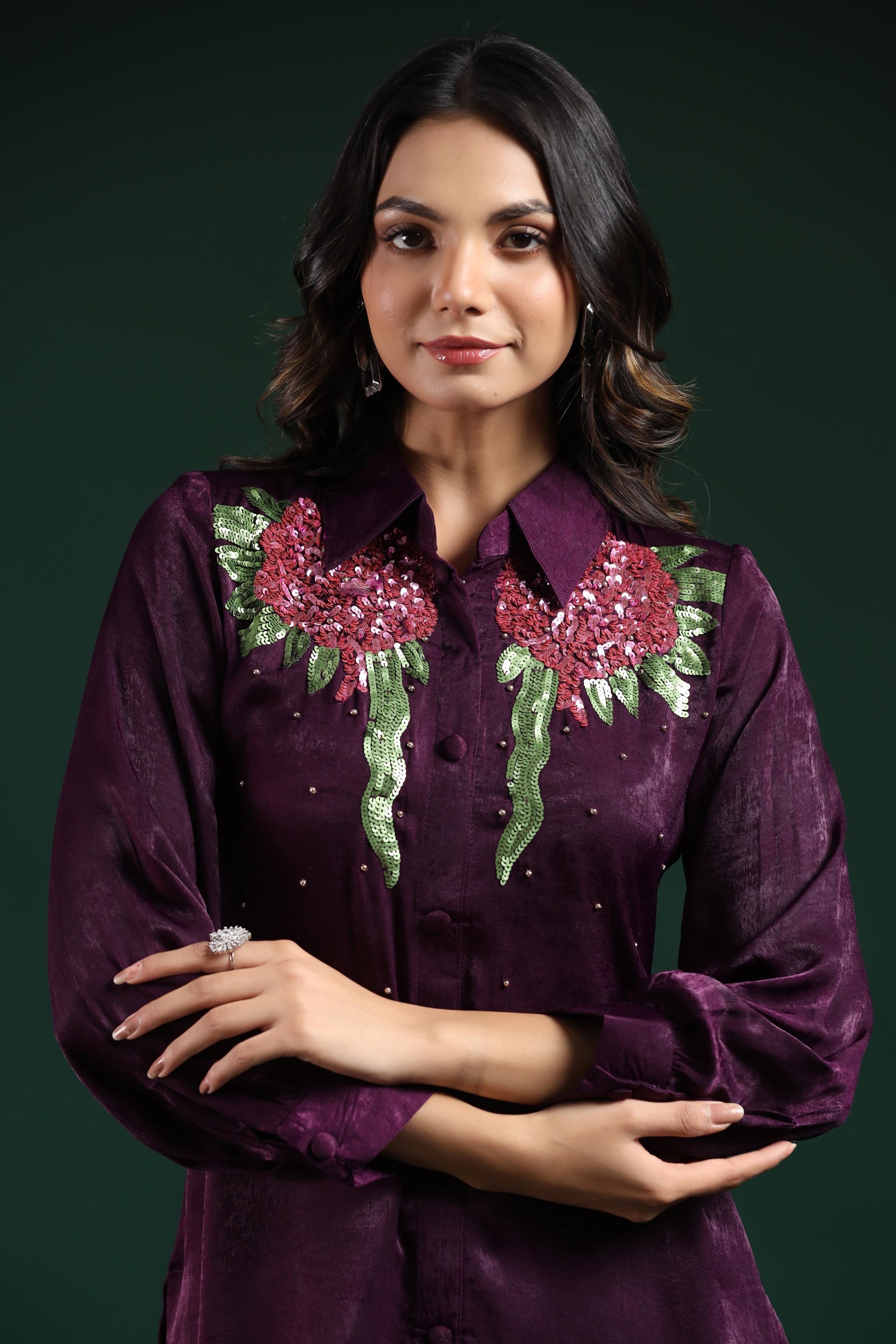 Wine Floral Embroidered Kashmiri Silk Co-Ord Set