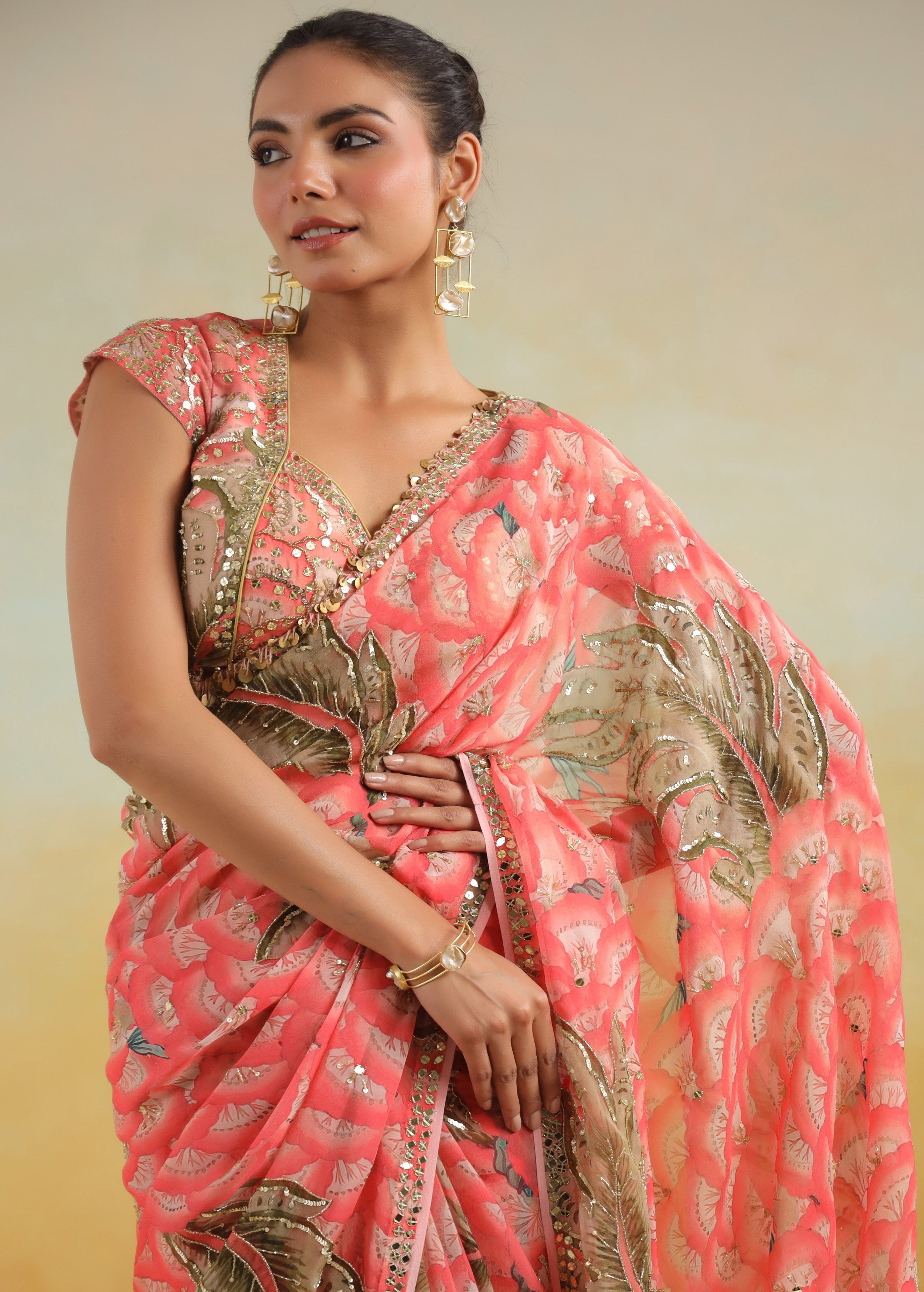 Salmon Pink Floral Printed Chinon Silk Saree