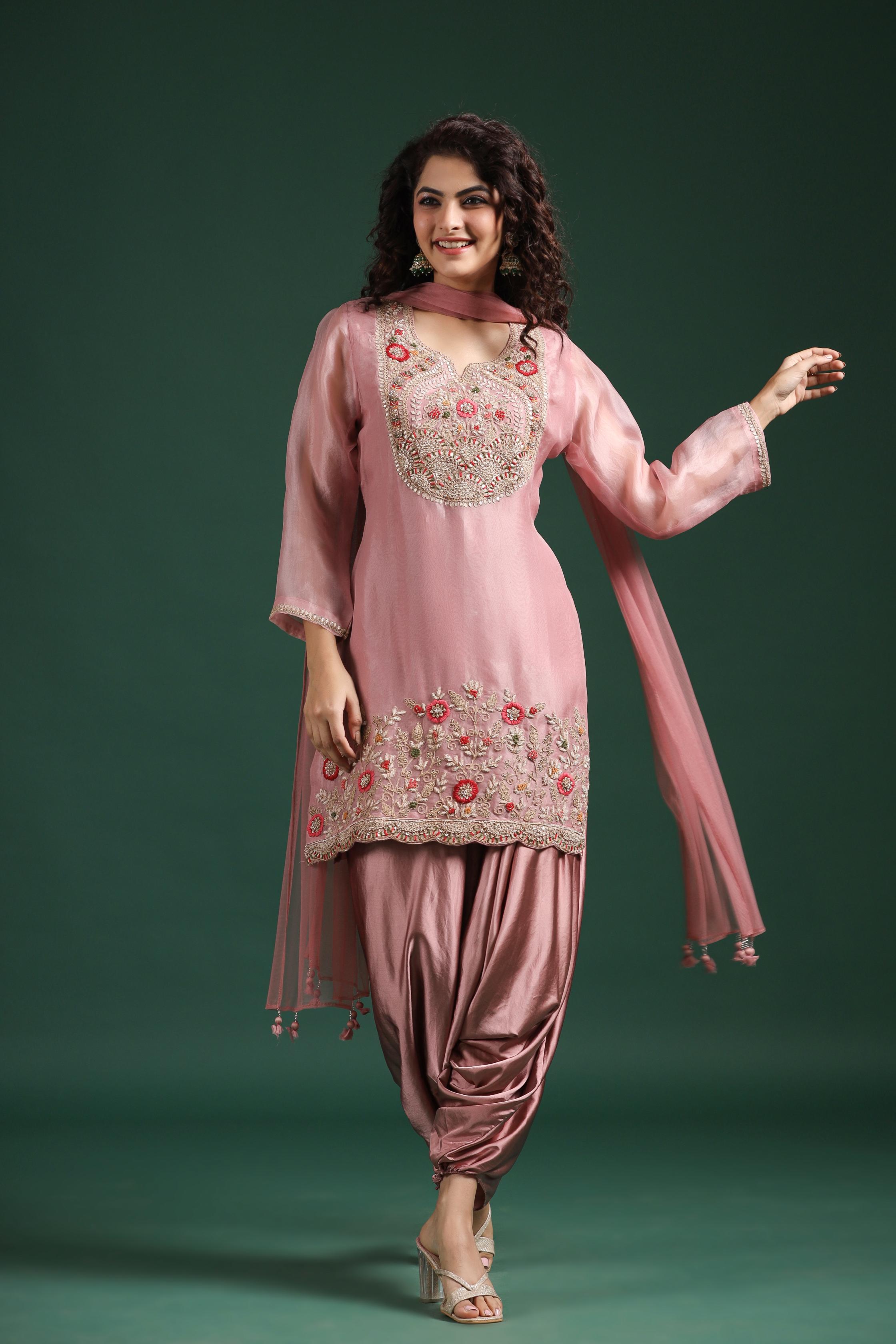 Light Pink Embellished Premium Organza Silk Cowl Pants Set