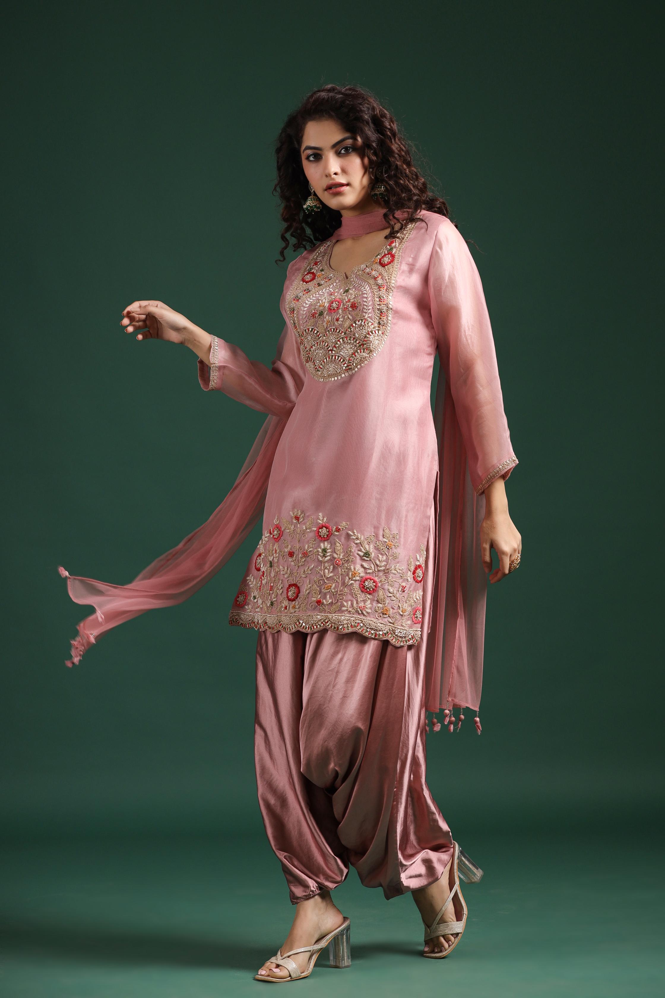 Light Pink Embellished Premium Organza Silk Cowl Pants Set