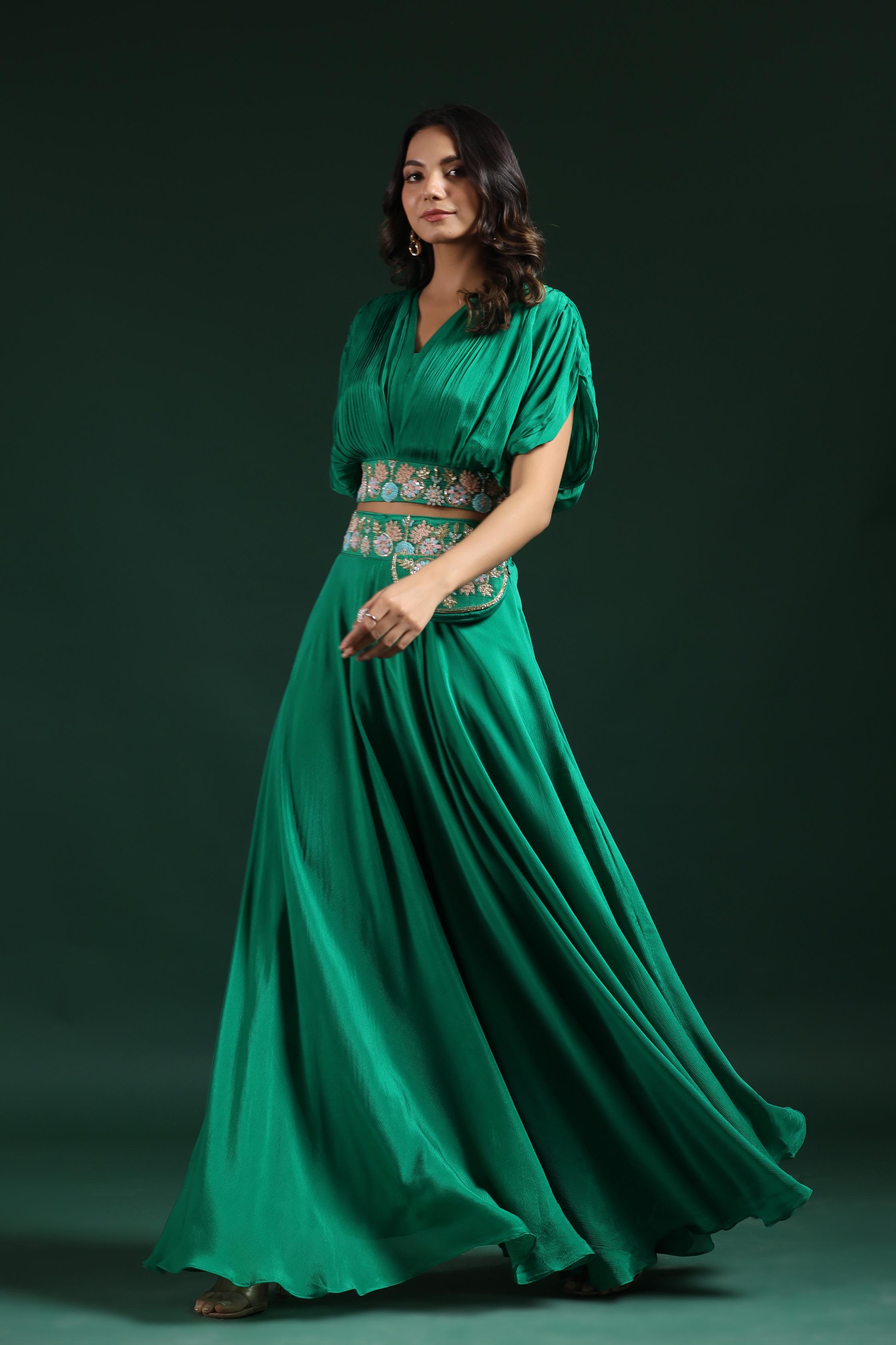 Jade Green Embroidered Crop Top with Palazzo Set