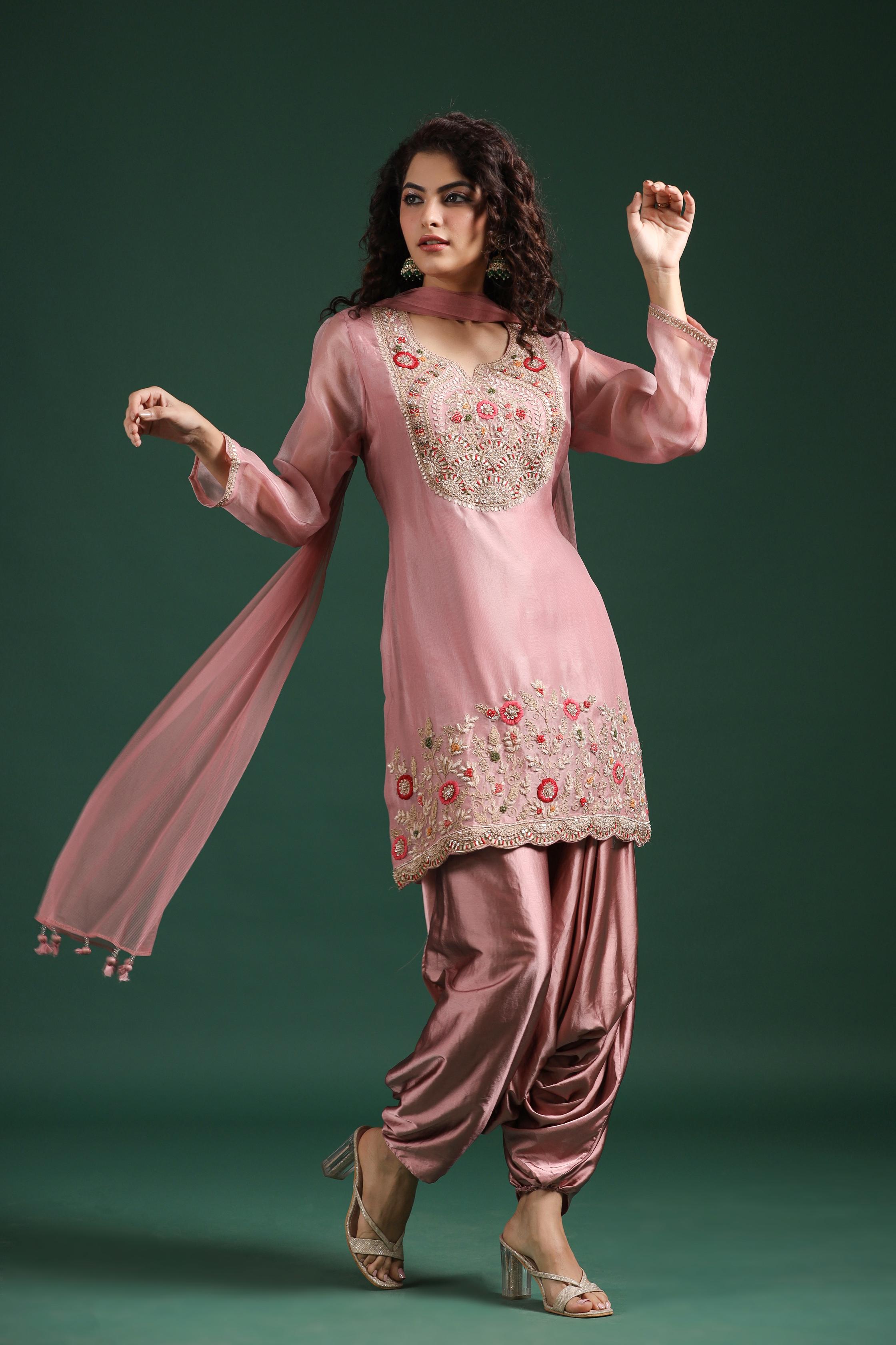 Light Pink Embellished Premium Organza Silk Cowl Pants Set