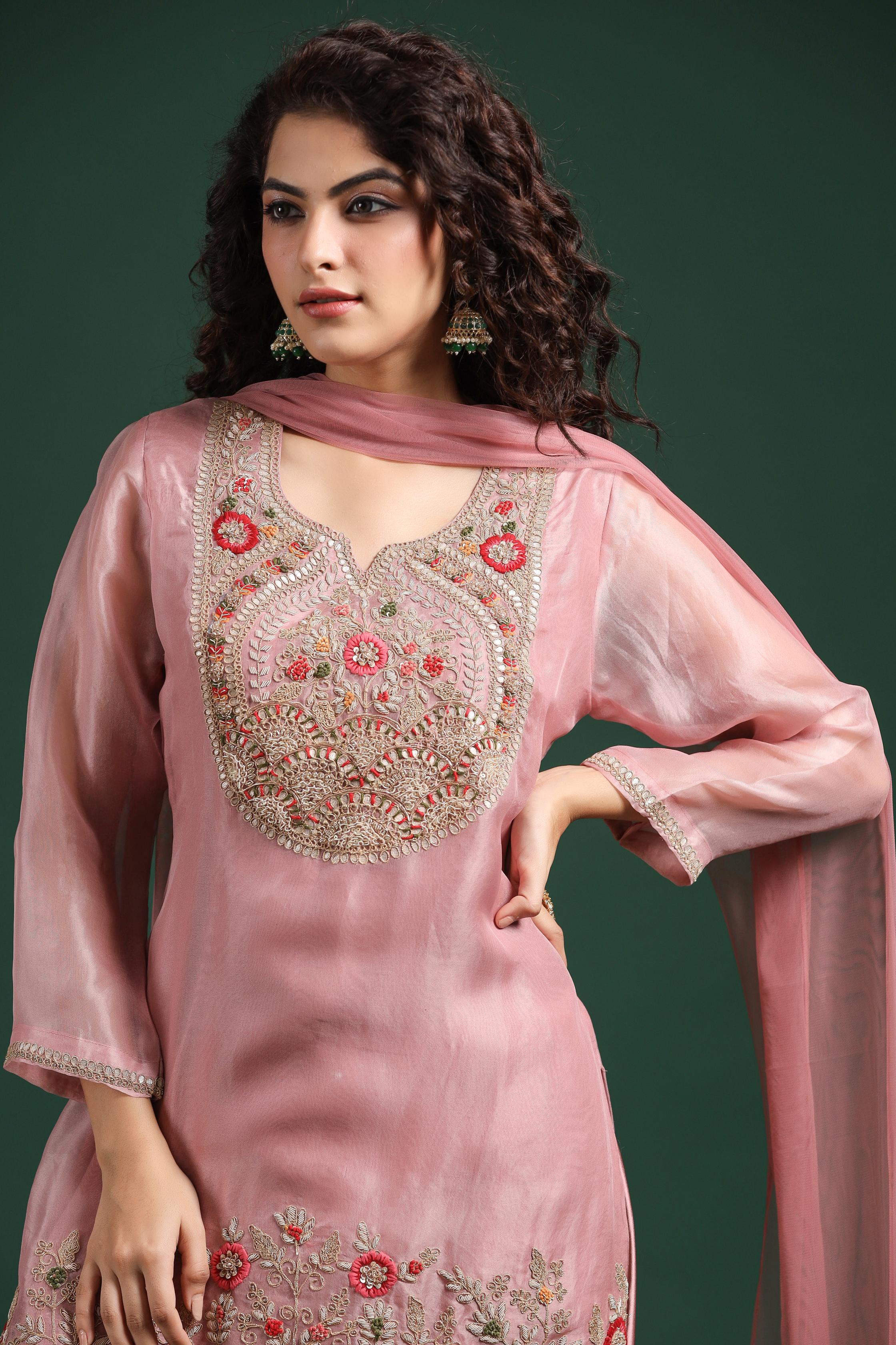 Light Pink Embellished Premium Organza Silk Cowl Pants Set