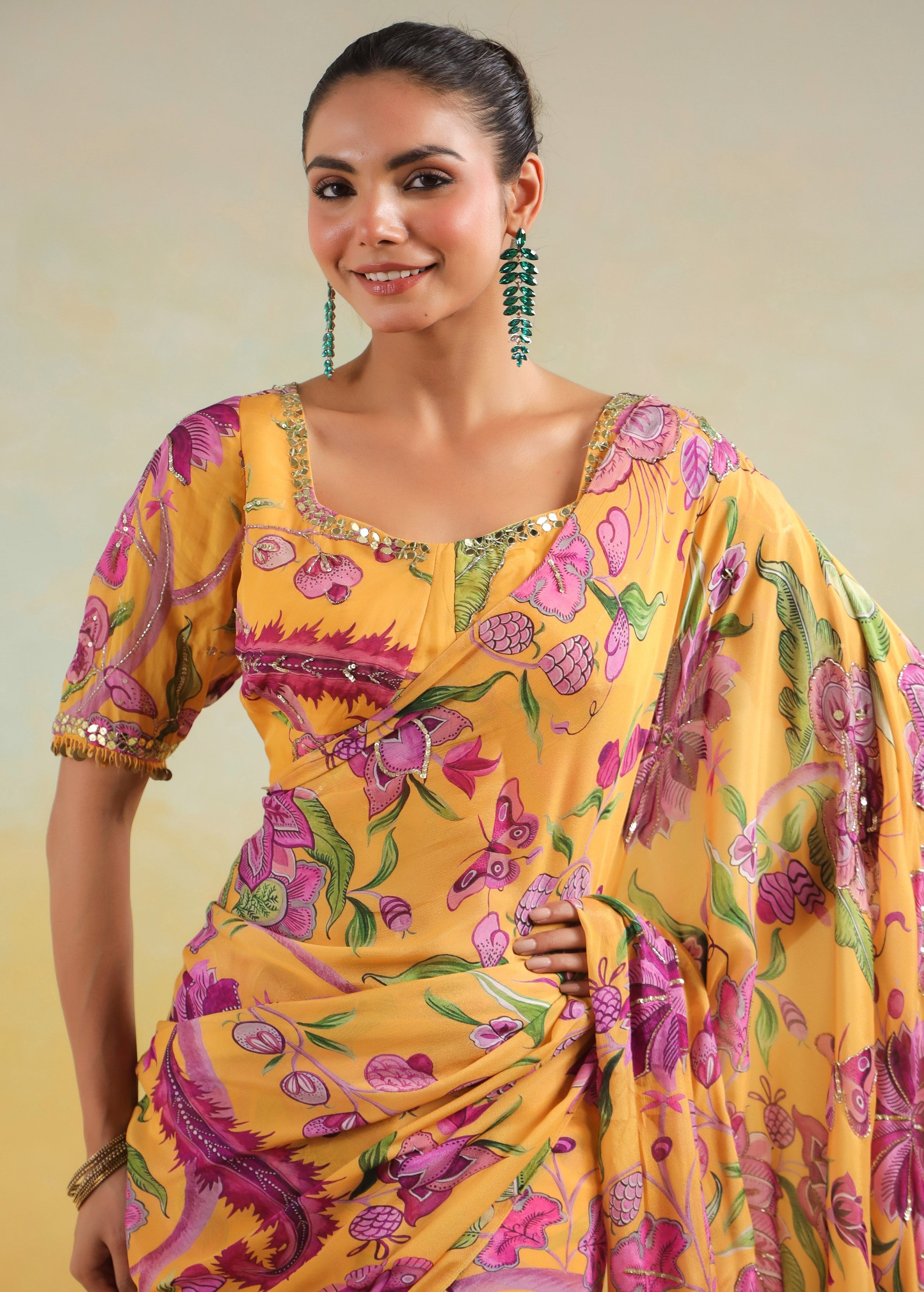 Sunflower Yellow Printed Chinon Silk Saree
