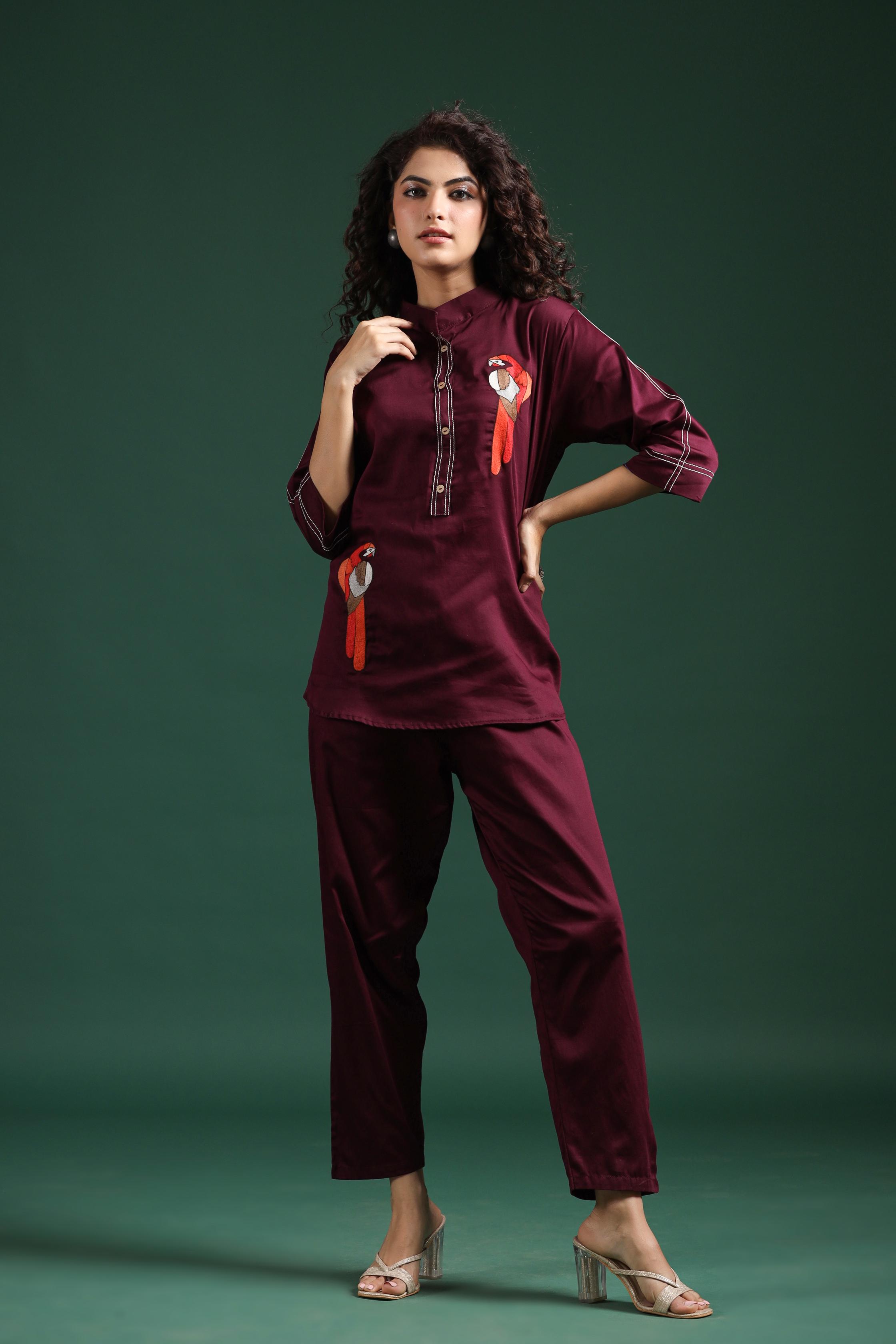 Wine Embroidered Spanish Silk Co-Ord Set