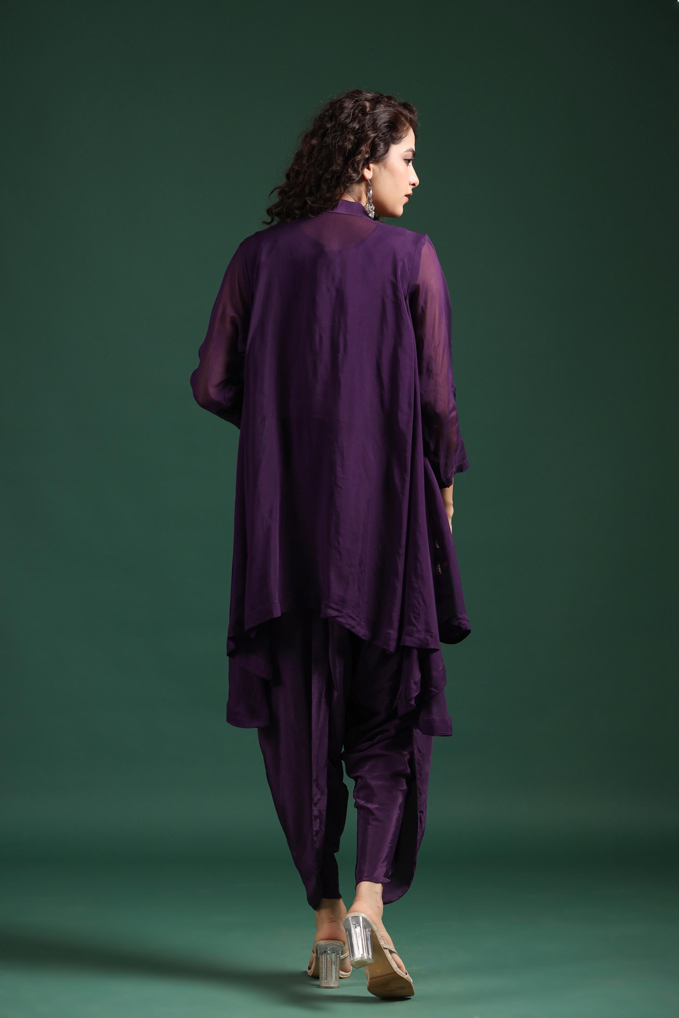 Purple Embroidered Tunic With Dhoti Pants