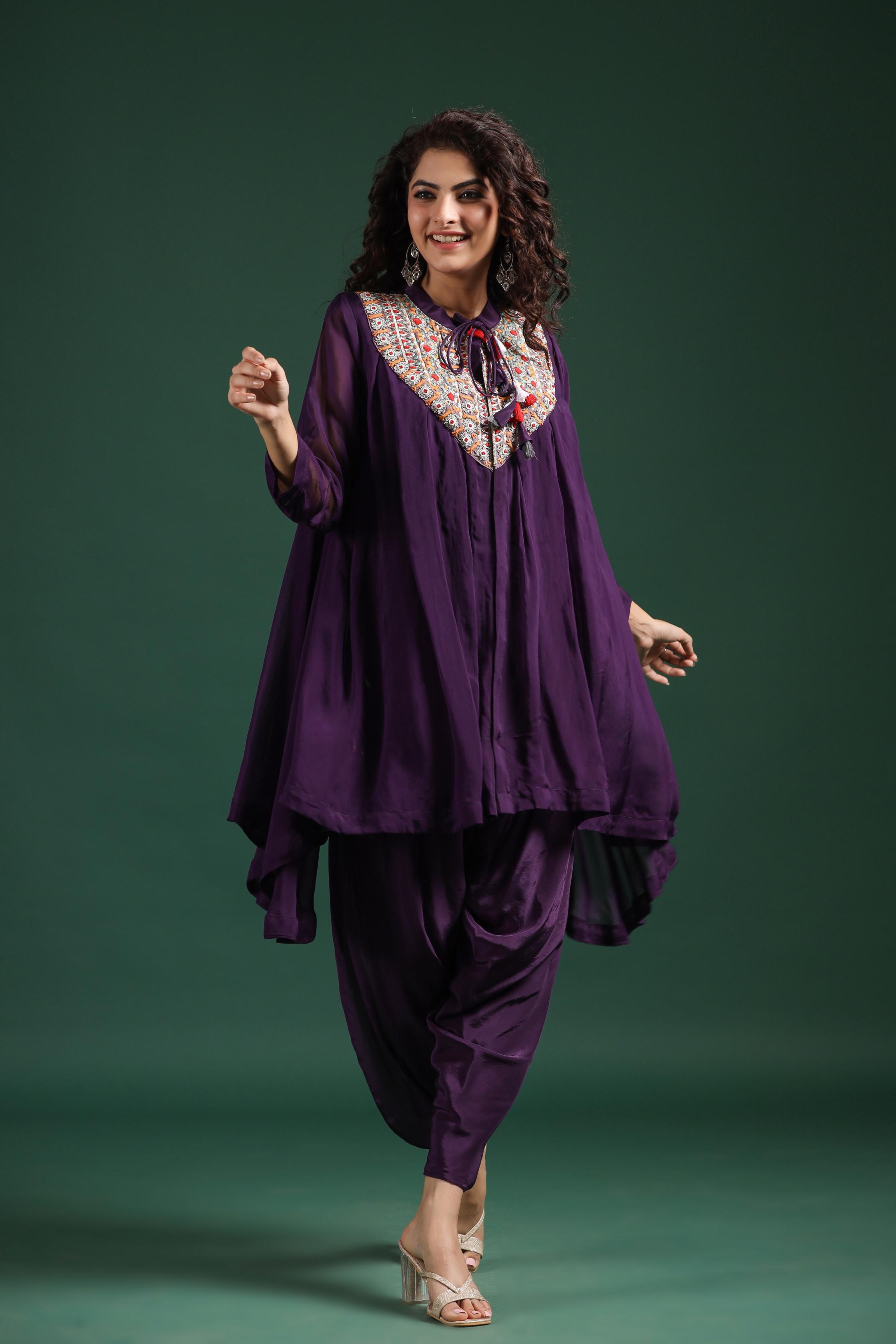 Purple Embroidered Tunic With Dhoti Pants