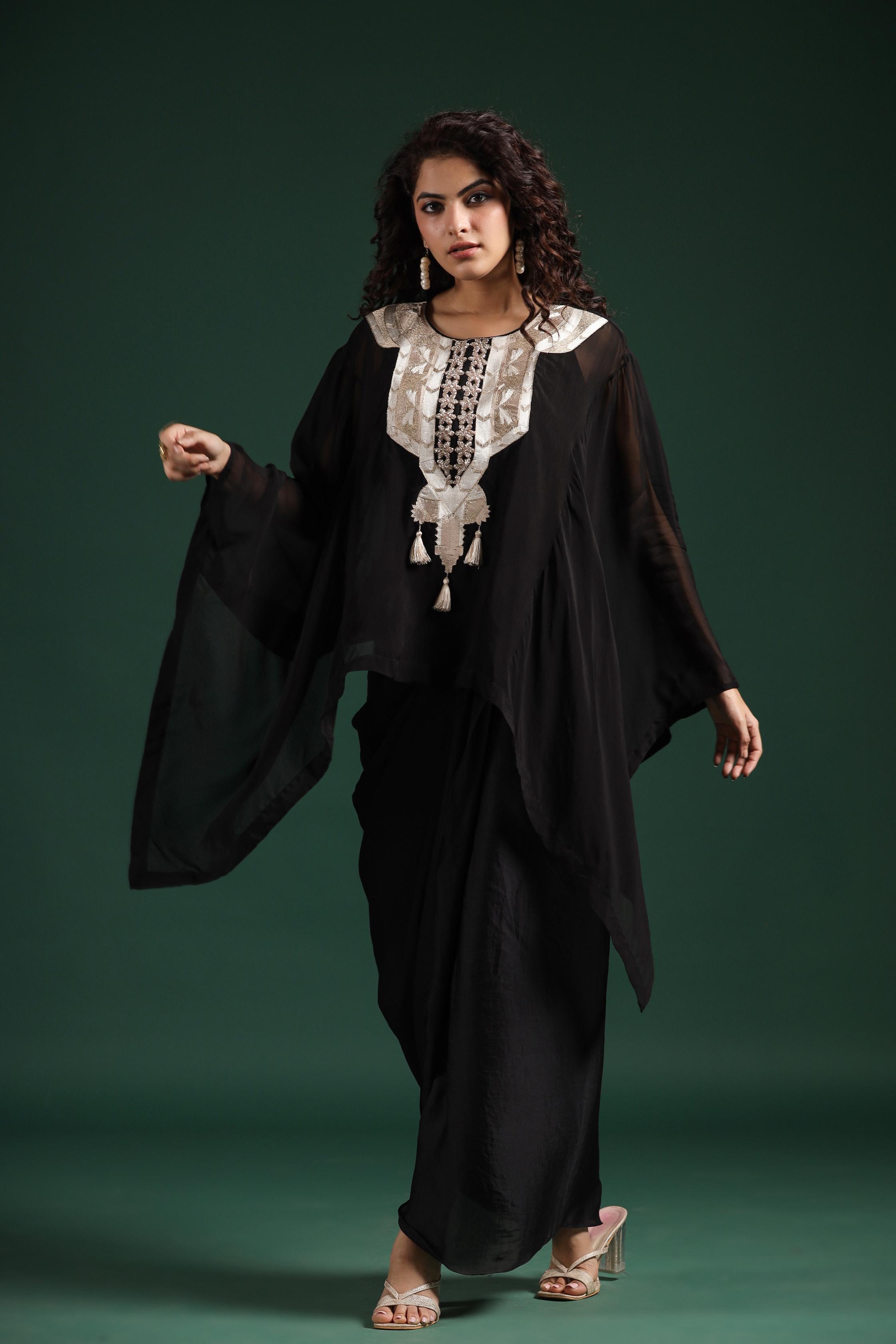 Black Embellished Organza Silk Draped Skirt Set