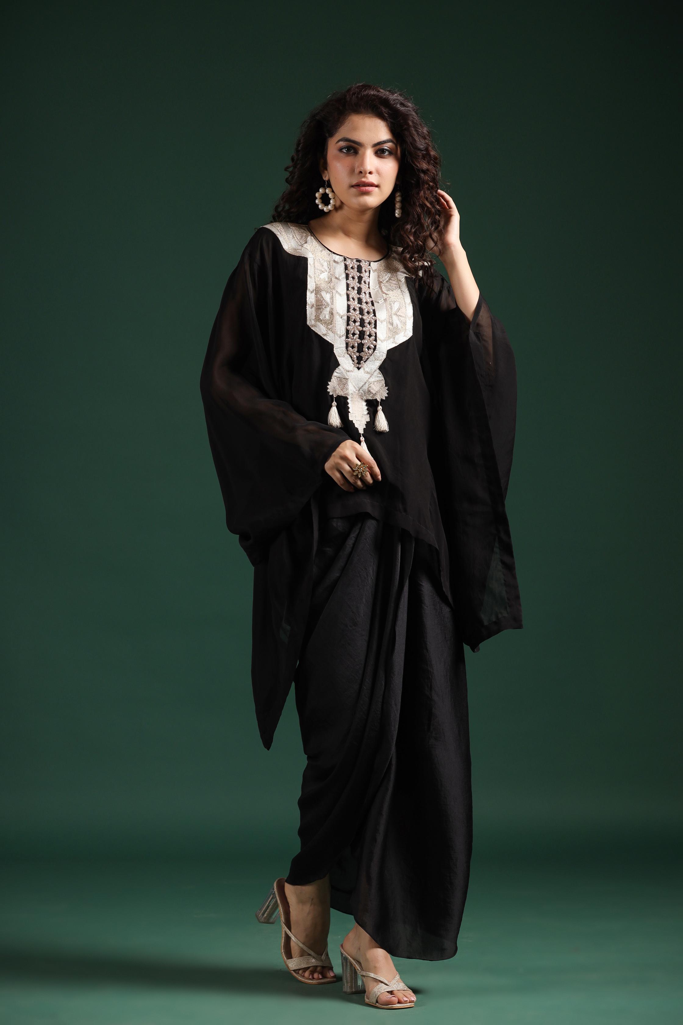 Black Embellished Organza Silk Draped Skirt Set