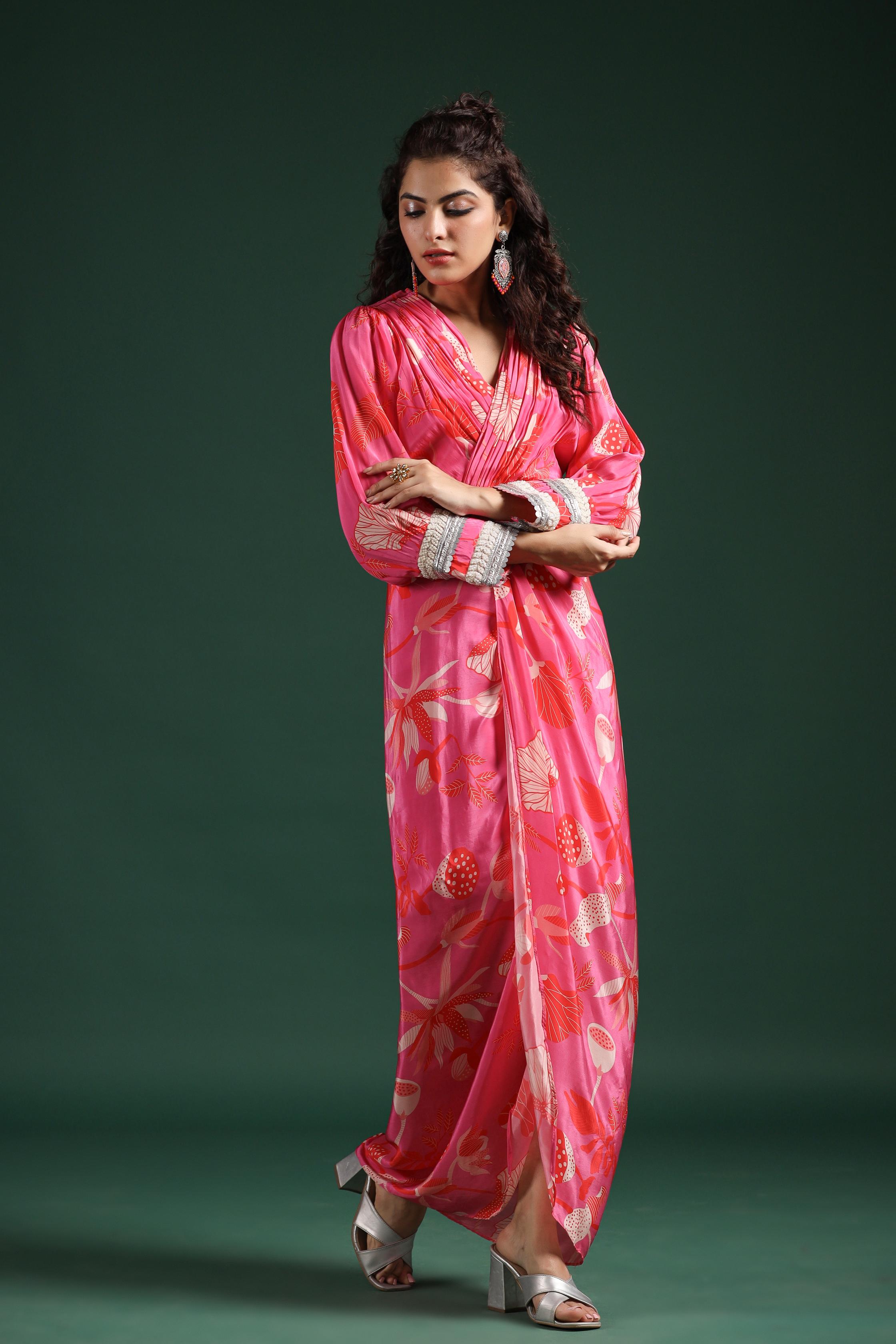 Rose Pink Digital Printed Muslin Silk Draped Dress