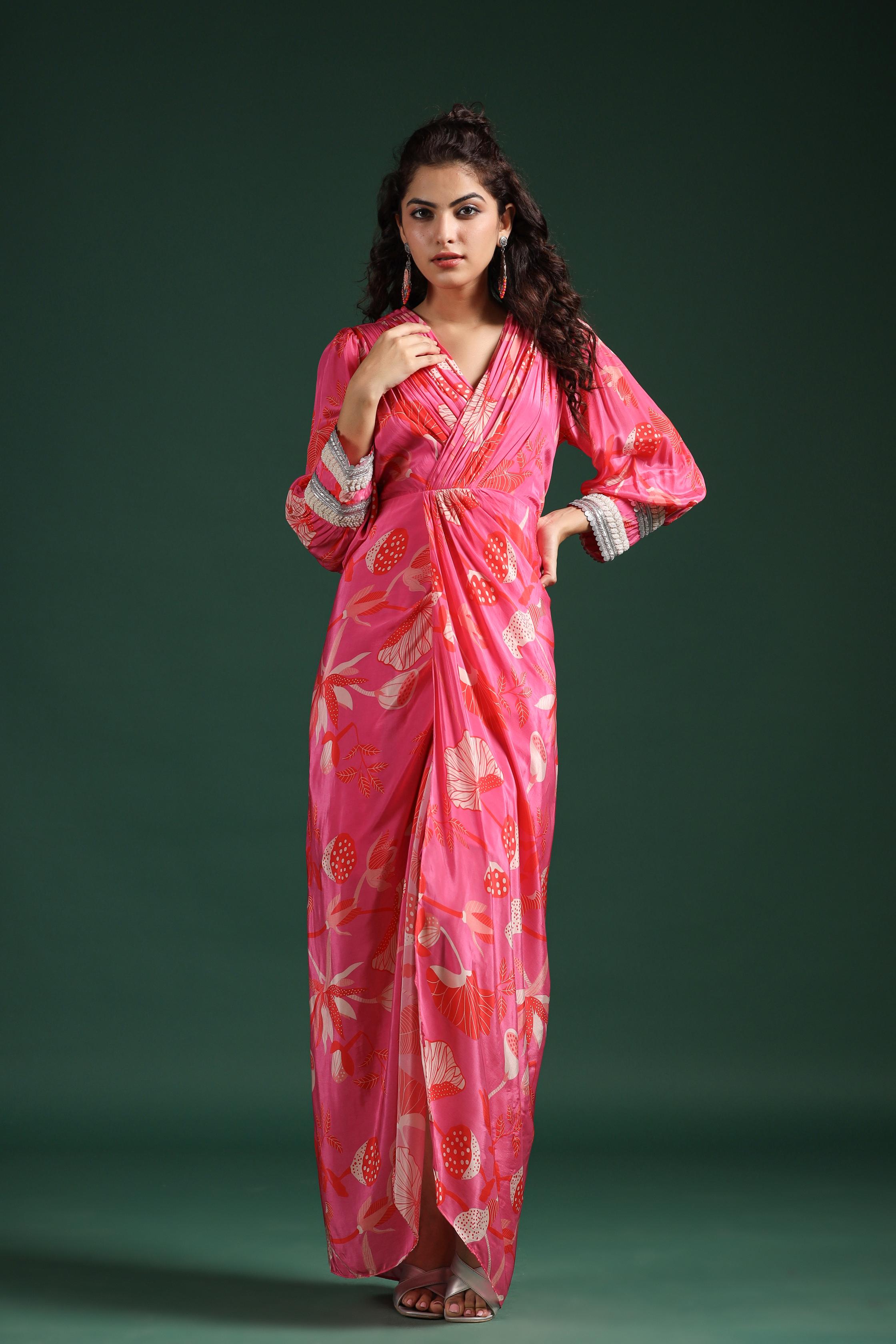 Rose Pink Digital Printed Muslin Silk Draped Dress