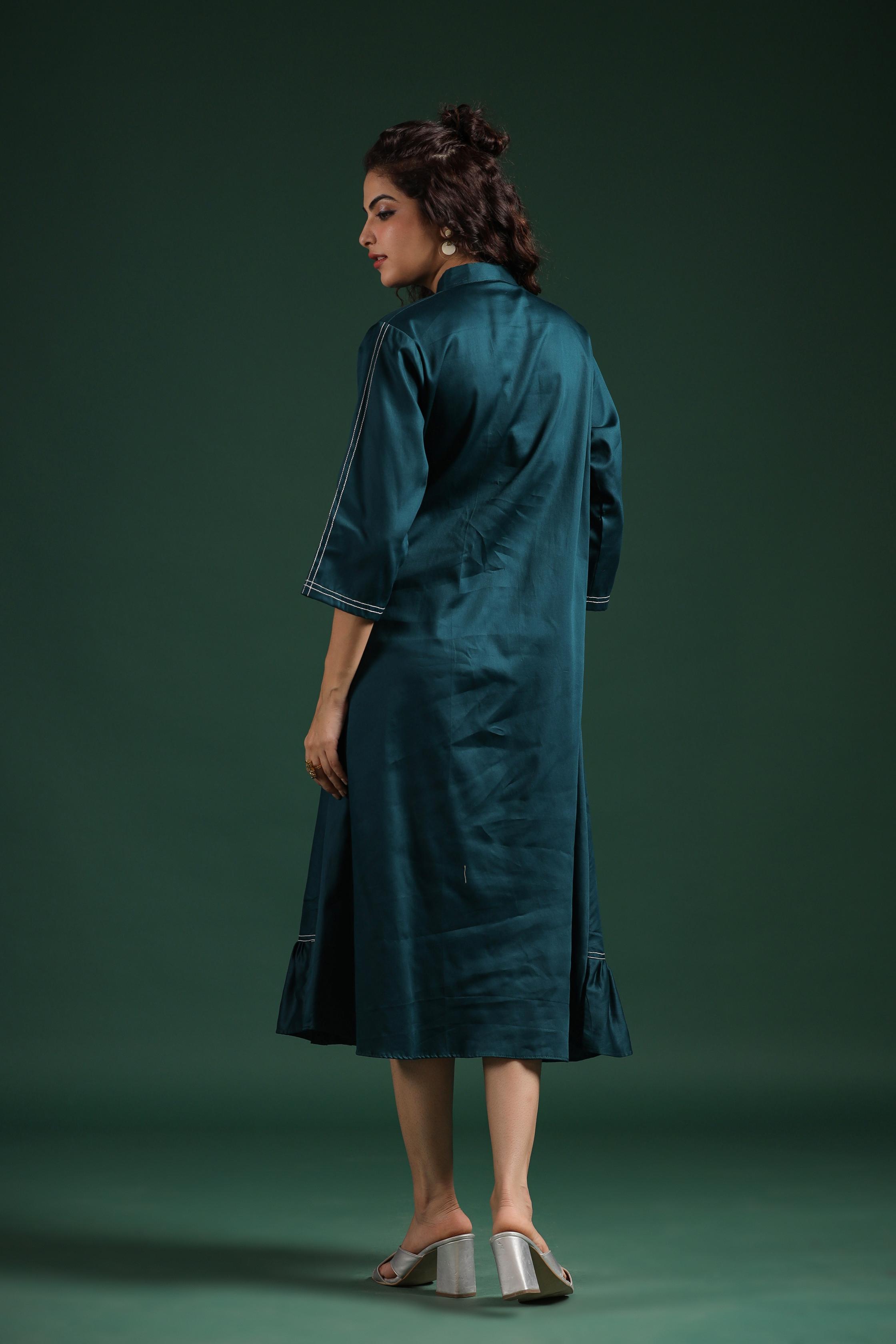 Teal Green Embroidered Spanish Silk Dress