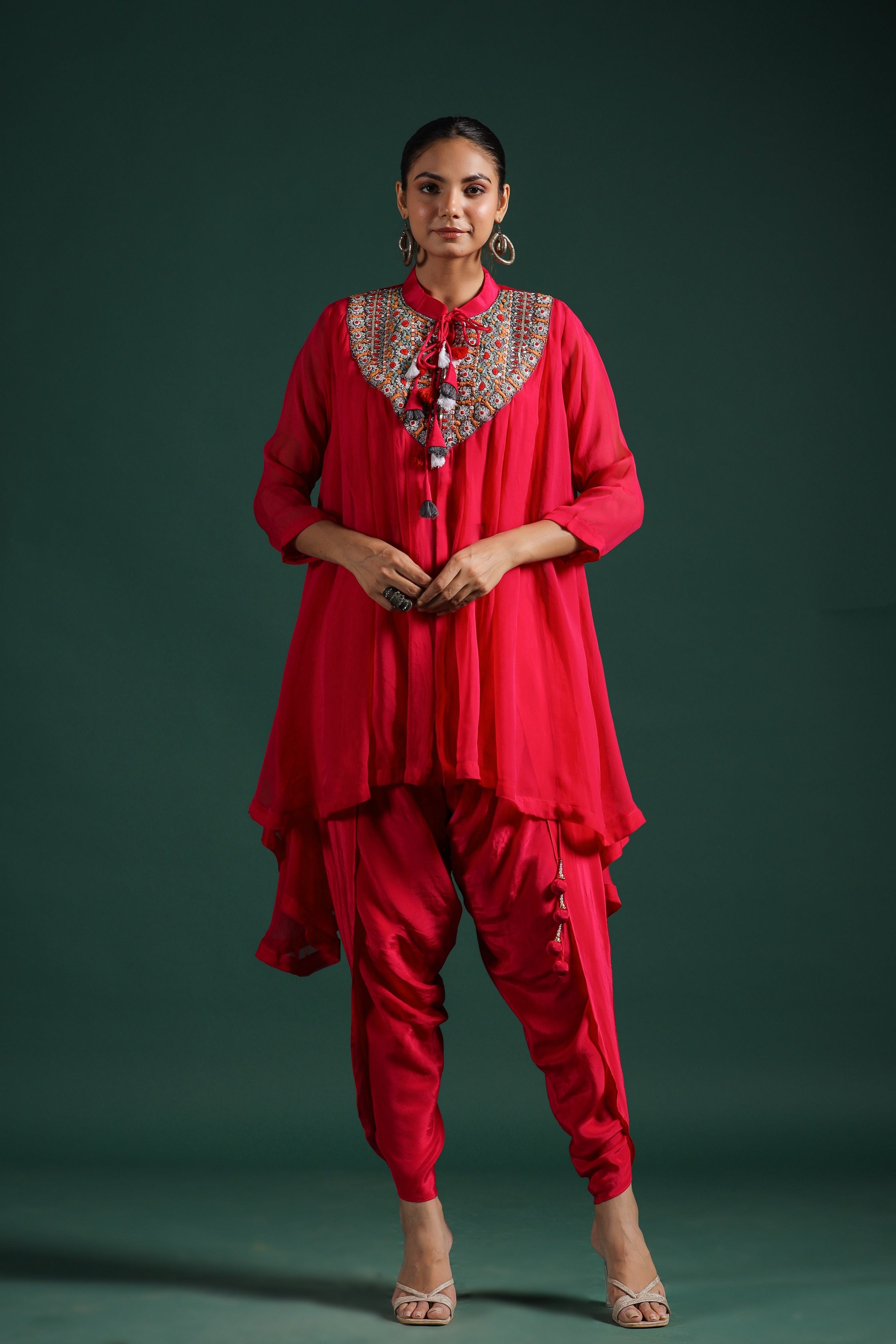 Crimson Red Embroidered Tunic With Dhoti Pants