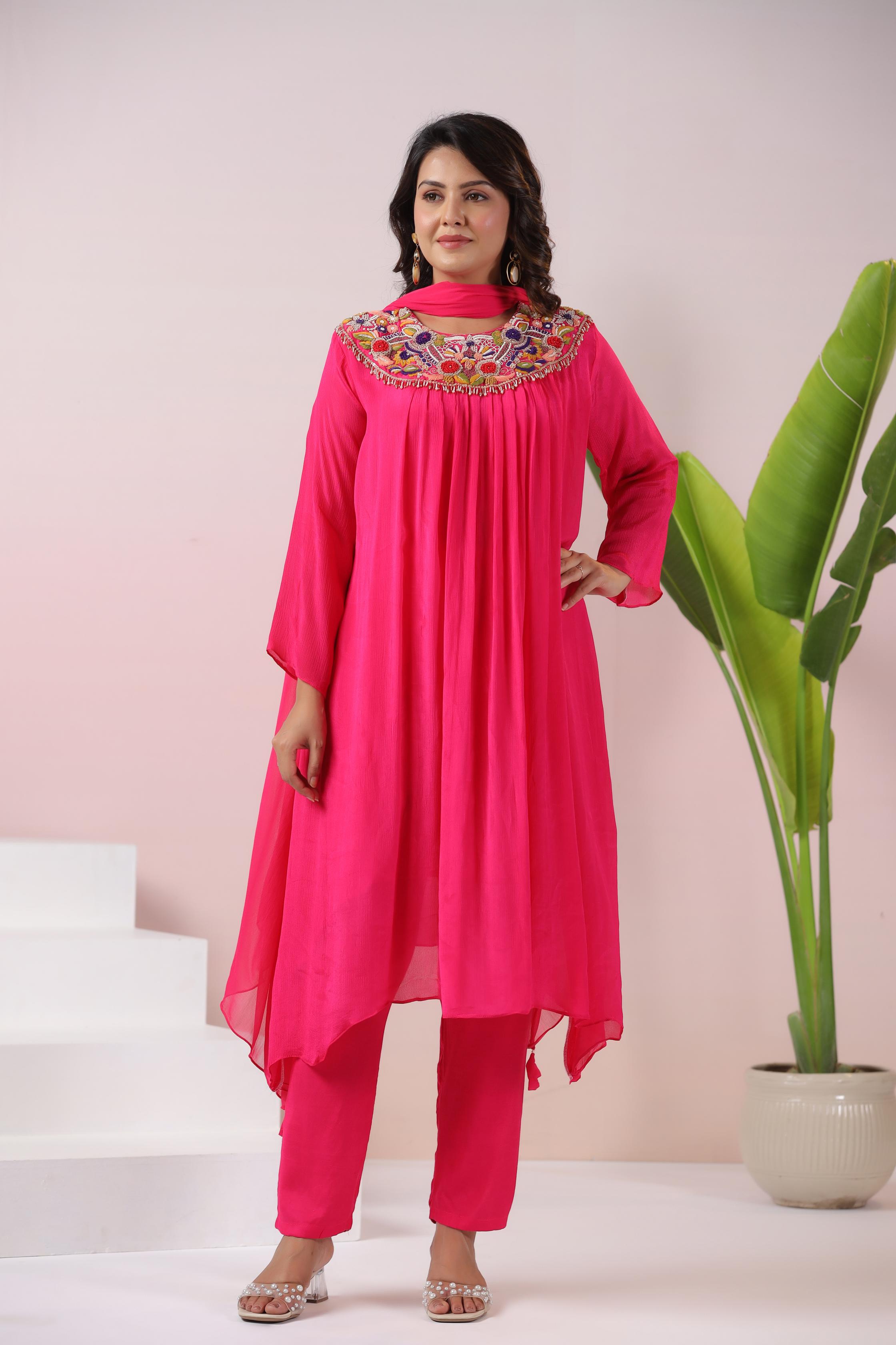 Hot Pink Embroidered Pure Chinon Silk Pants Set