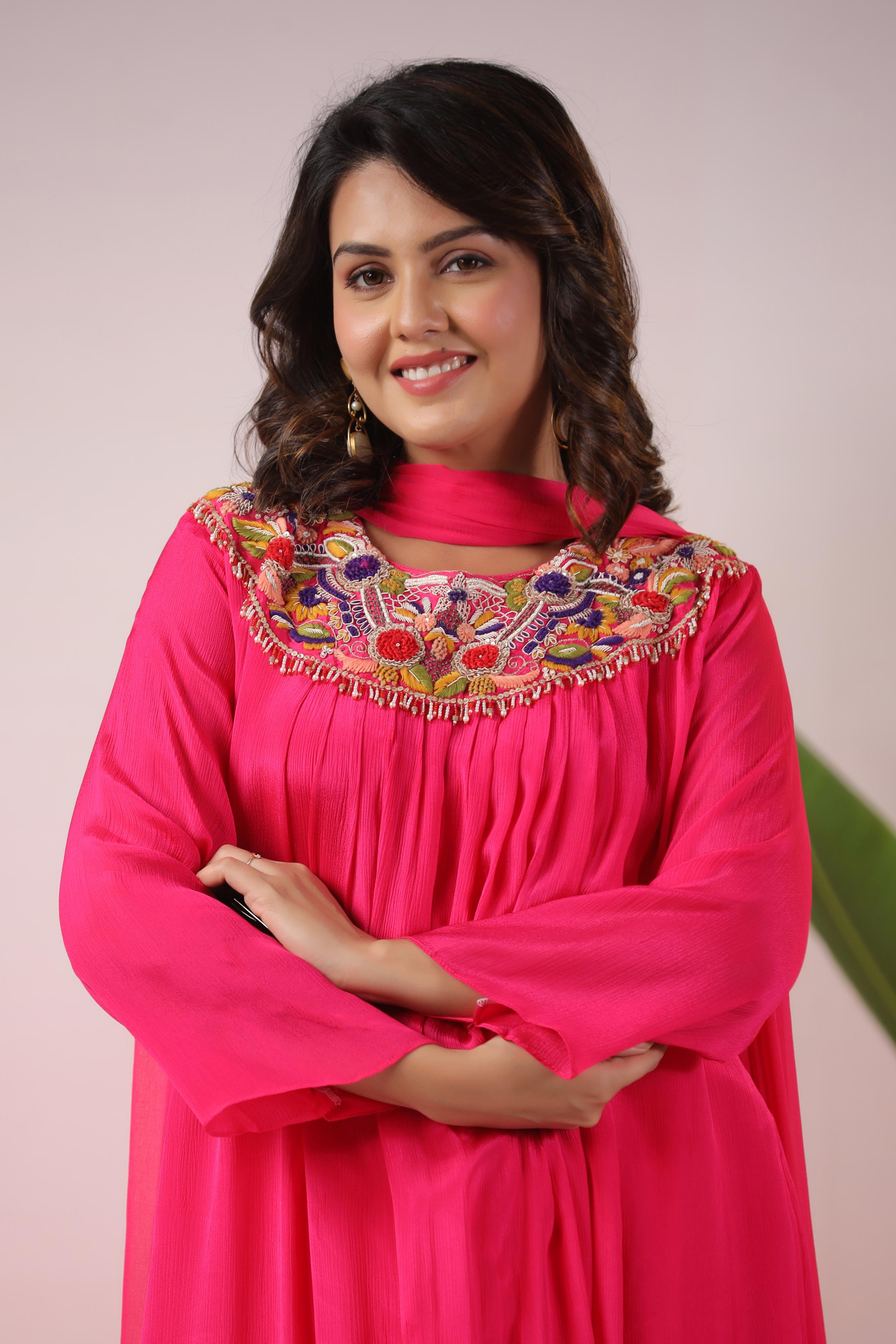 Hot Pink Embroidered Pure Chinon Silk Pants Set