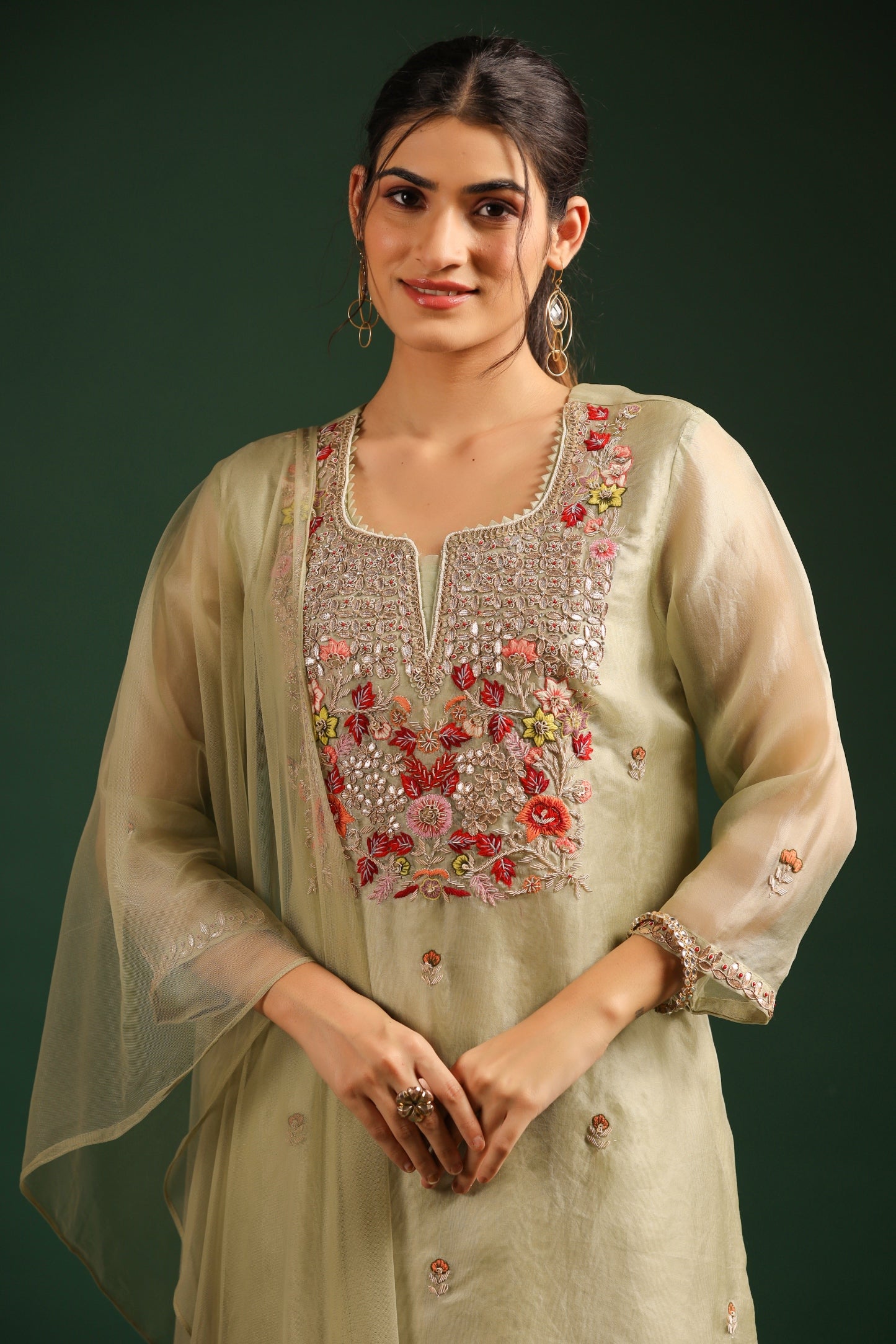 Pastel Green Embellished Cowl Pants Set