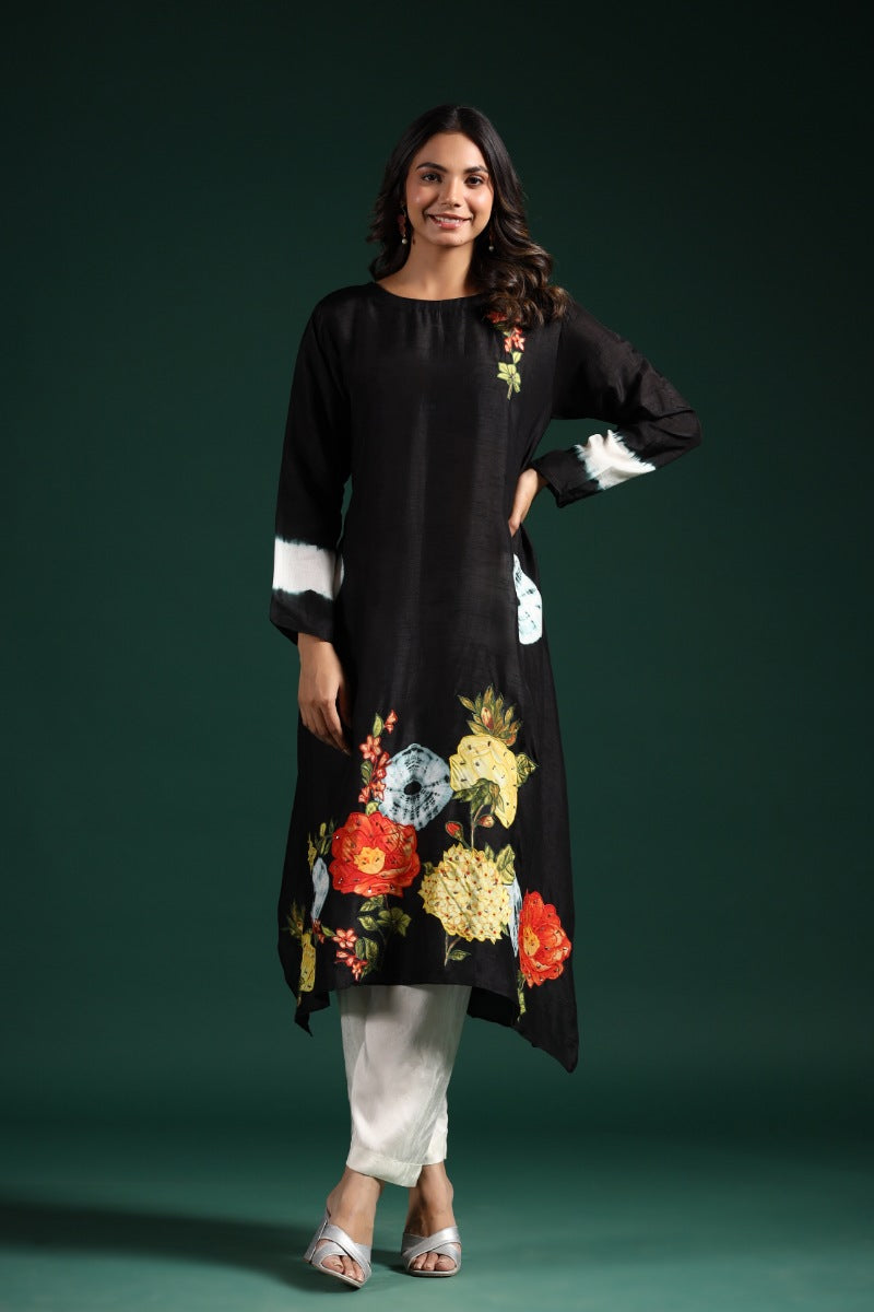 Black Floral Tie Dye Printed Raw Silk Pants Set