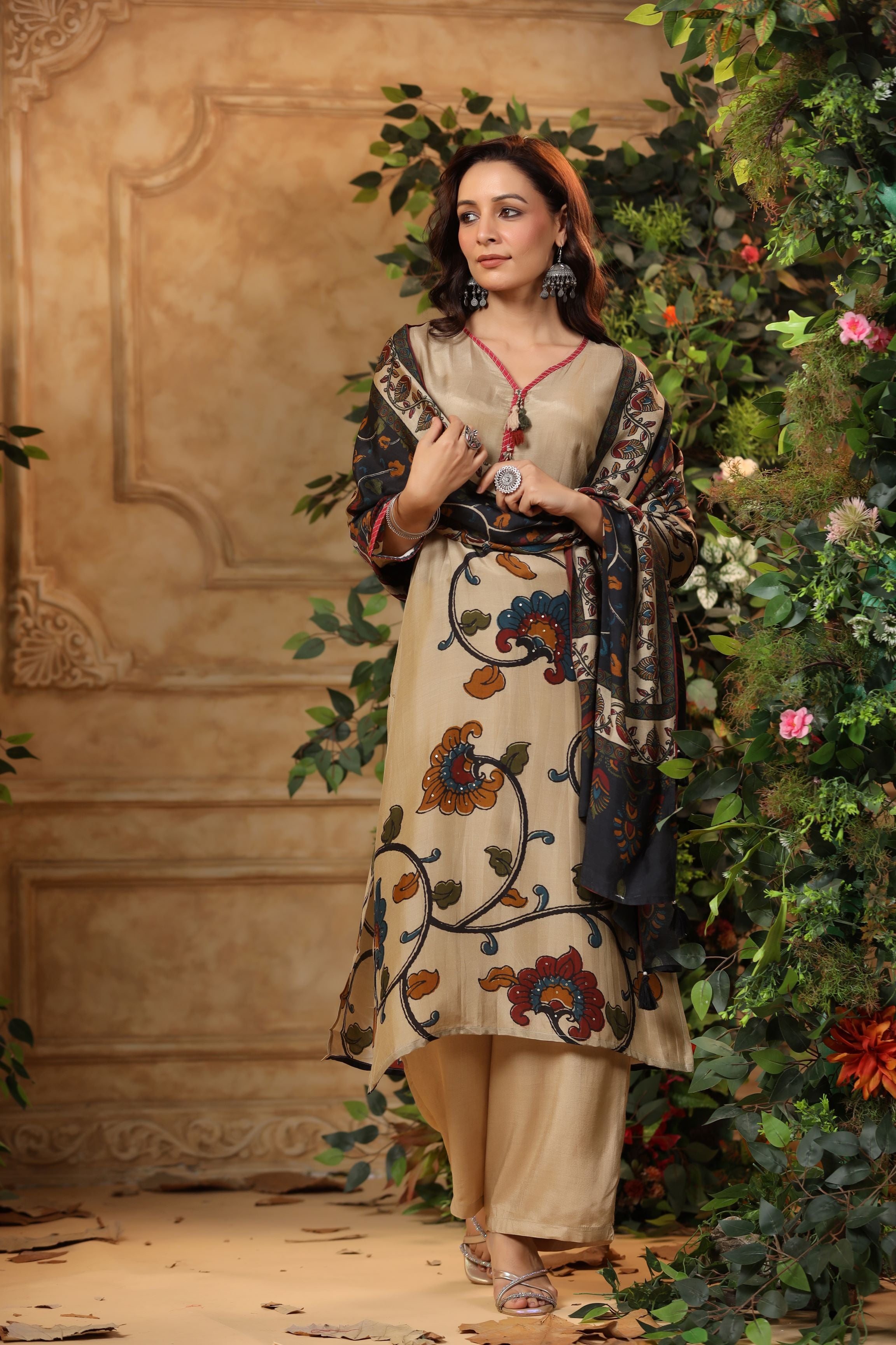 Metallic Beige Floral Printed Muslin Silk Palazzo Set