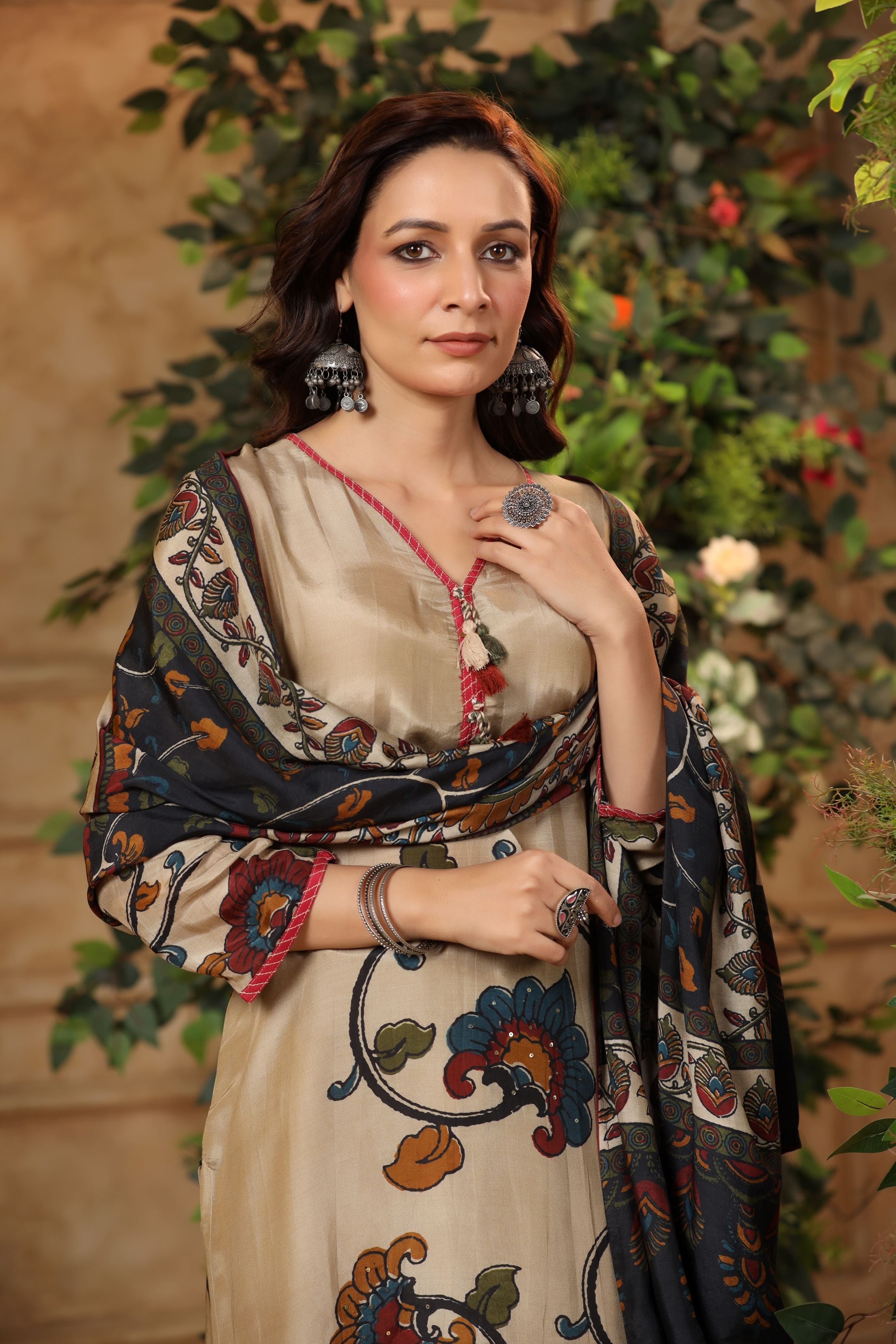 Metallic Beige Floral Printed Muslin Silk Palazzo Set