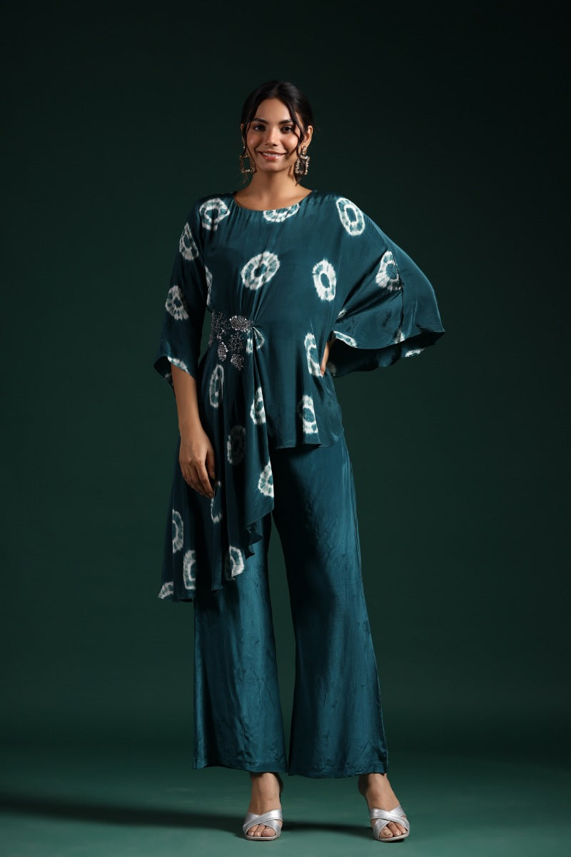 Teal Green Tie Dyed Habutai Silk Co-Ord Set