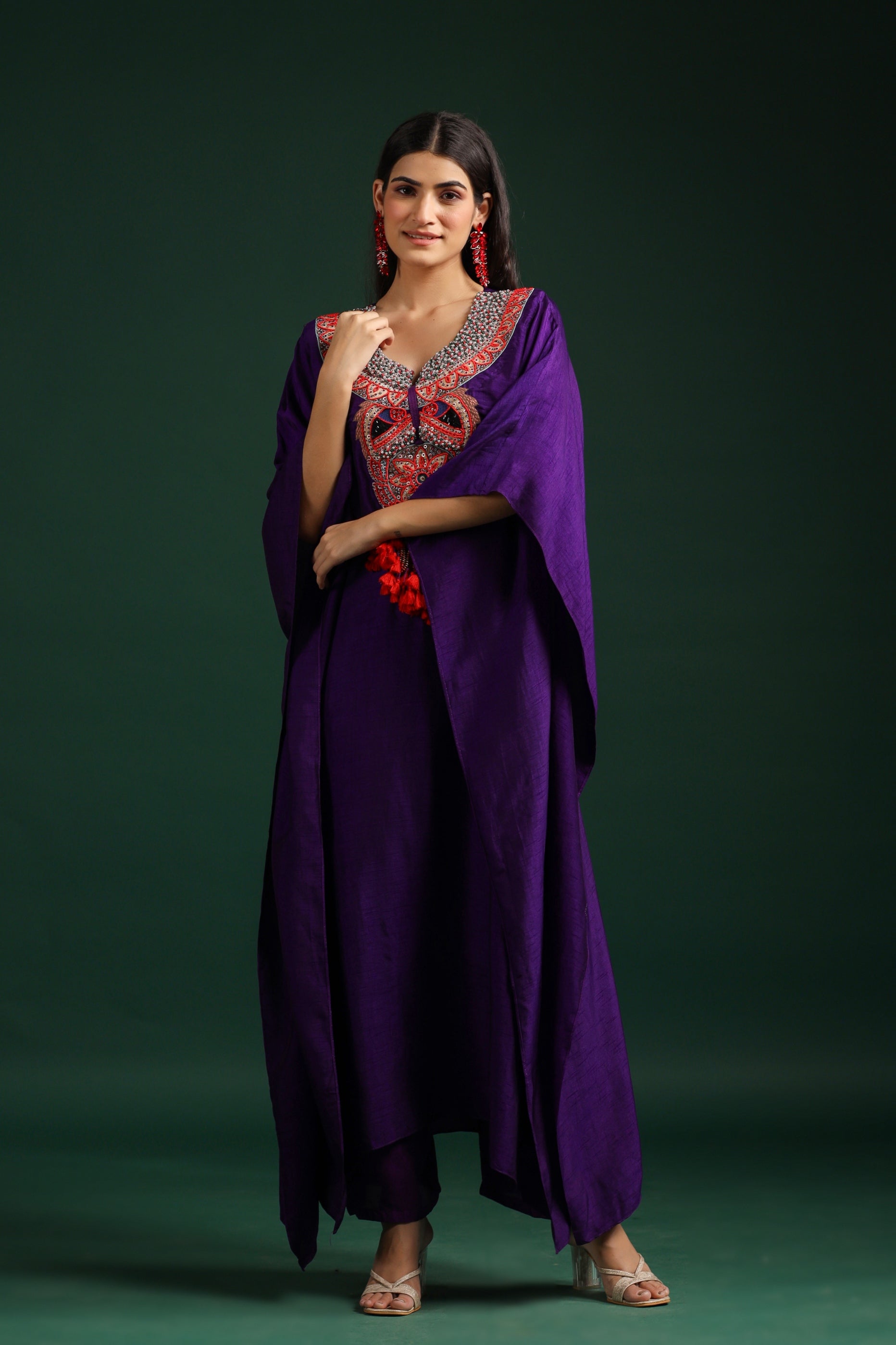 Purple Embellished Dola Silk Kaftan Set