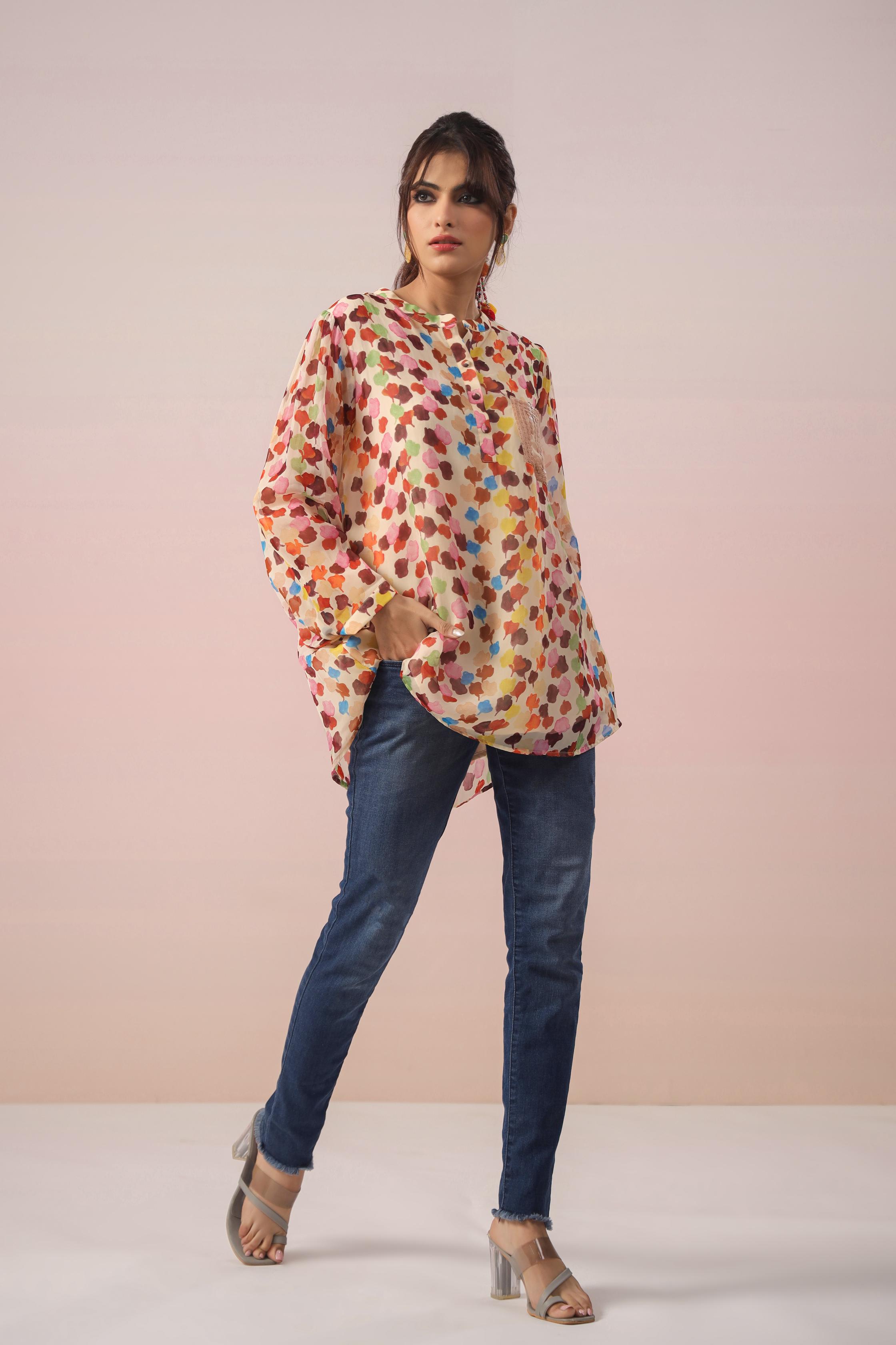 Light Peach Digital Printed Organza Silk Short Top