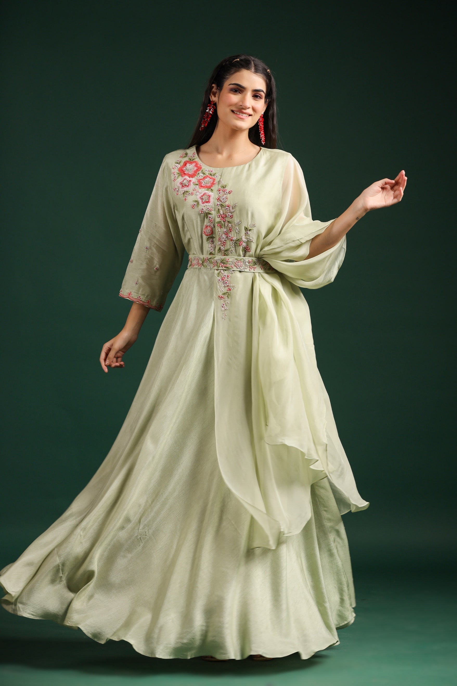 Pastel Green Embellished Dola Silk Anarkali Set