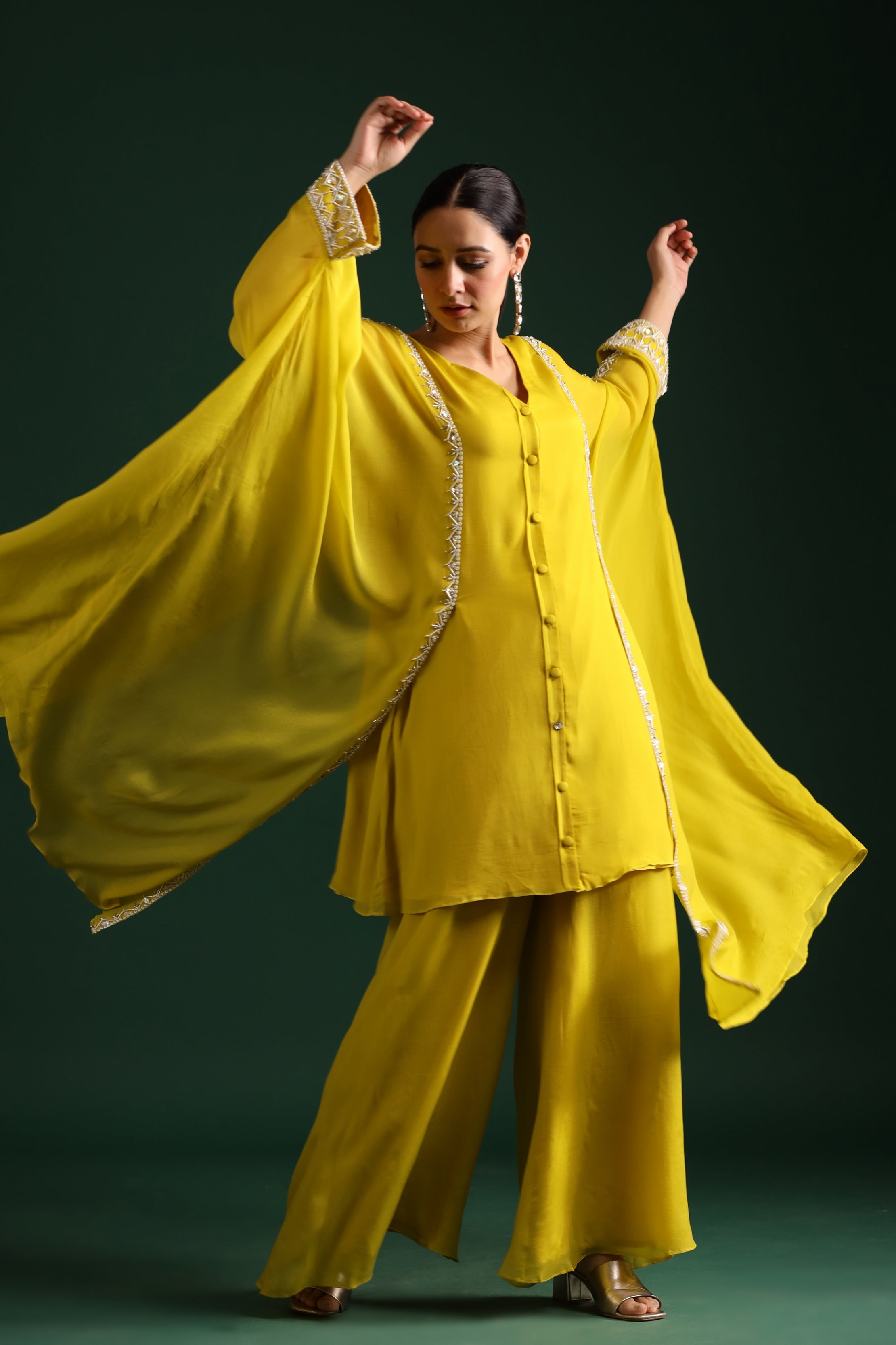 Bright Yellow Embellished Swiss Georgette Cape Co-Ord Set