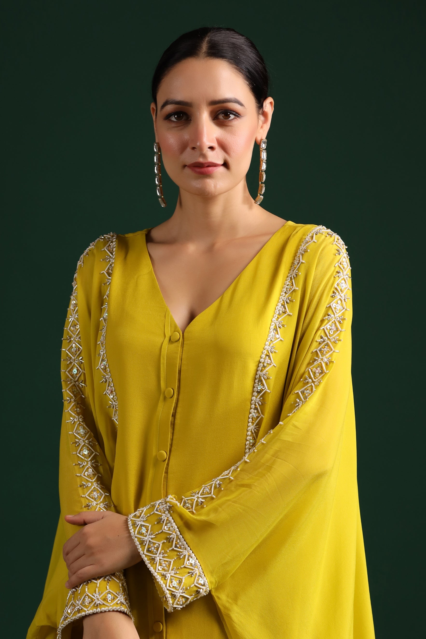 Bright Yellow Embellished Swiss Georgette Cape Co-Ord Set