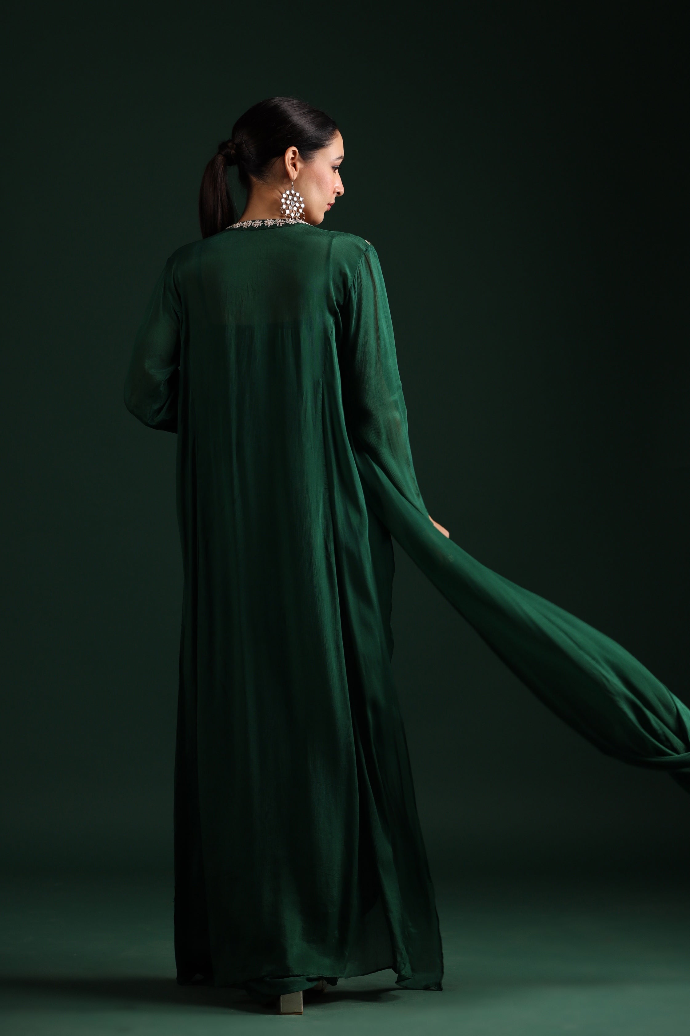 Deep Green Embellished Draped Cape Dress