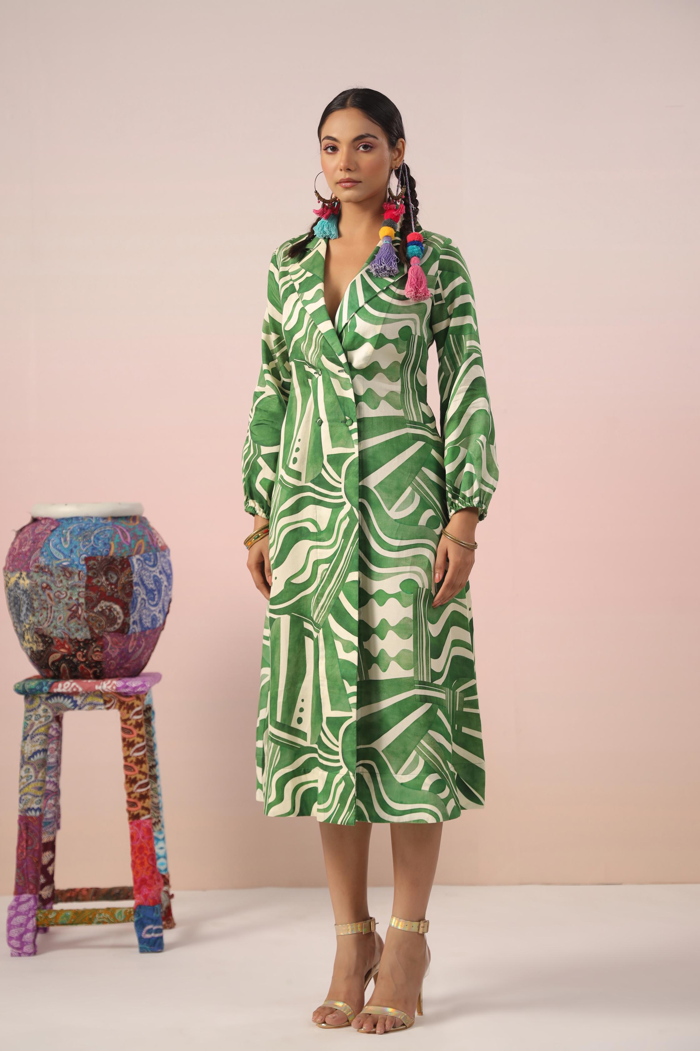 Green Abstract Printed Malai Cotton Dress