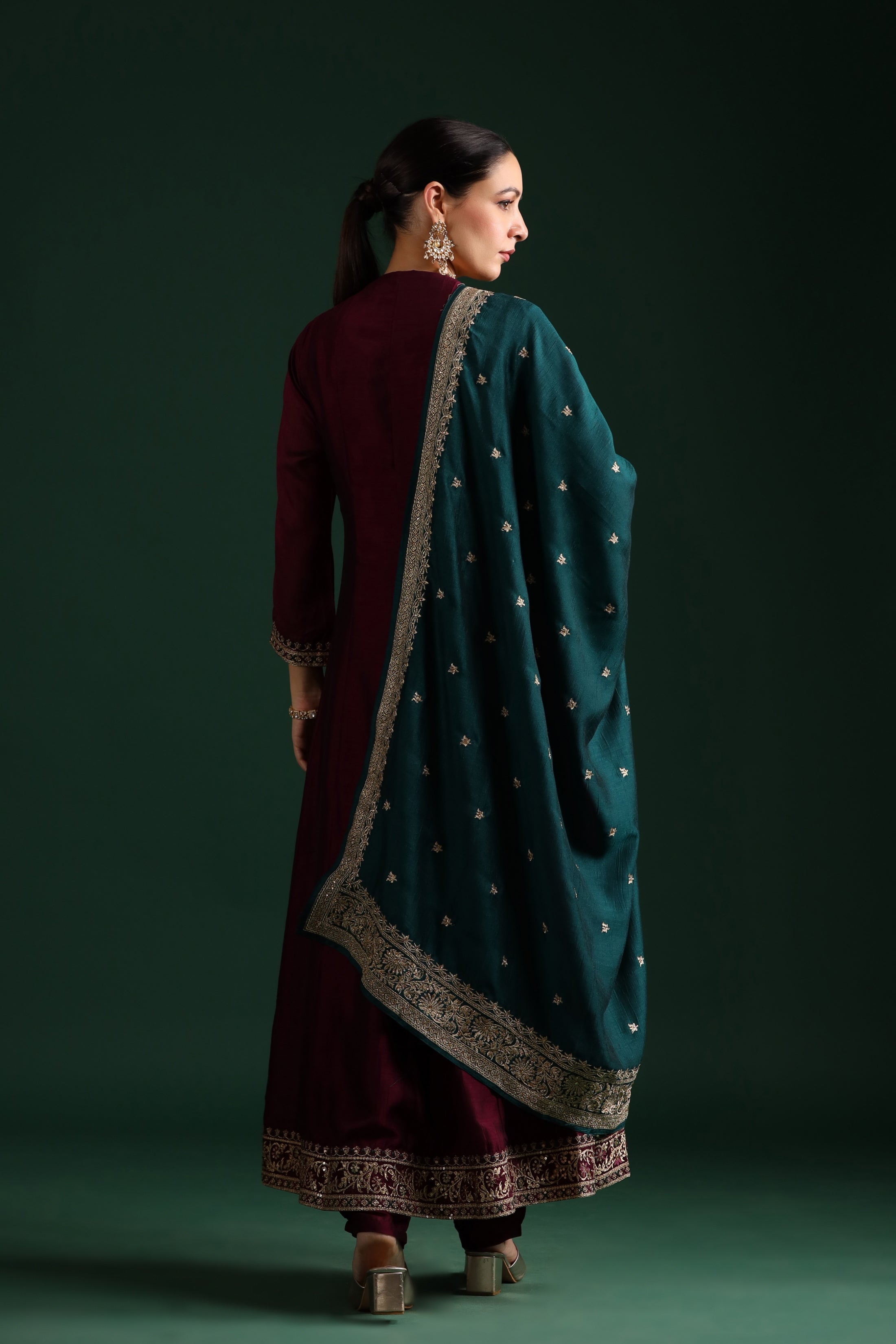 Wine Embellished Tussar Silk Pants Set