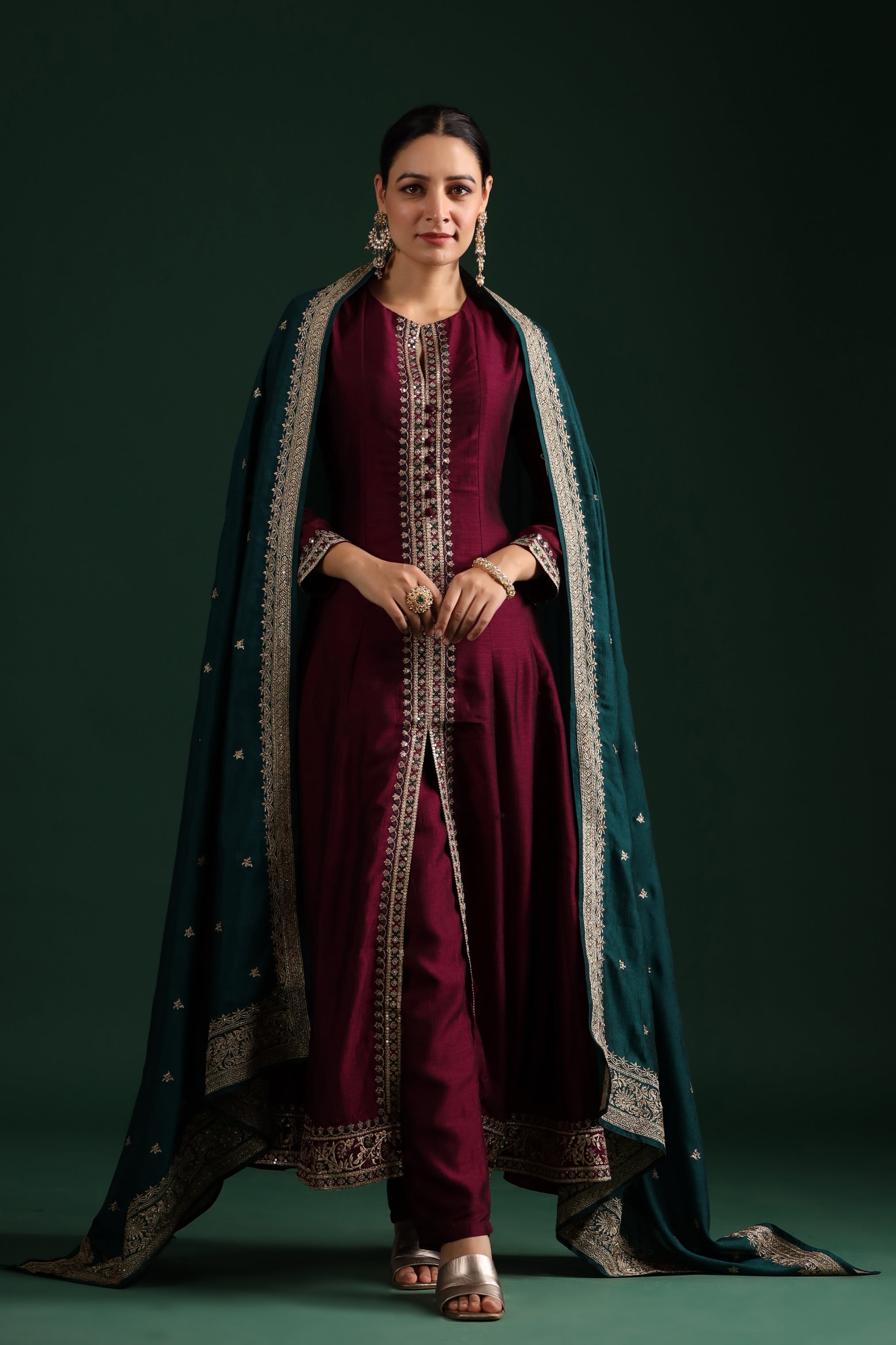 Wine Embellished Tussar Silk Pants Set