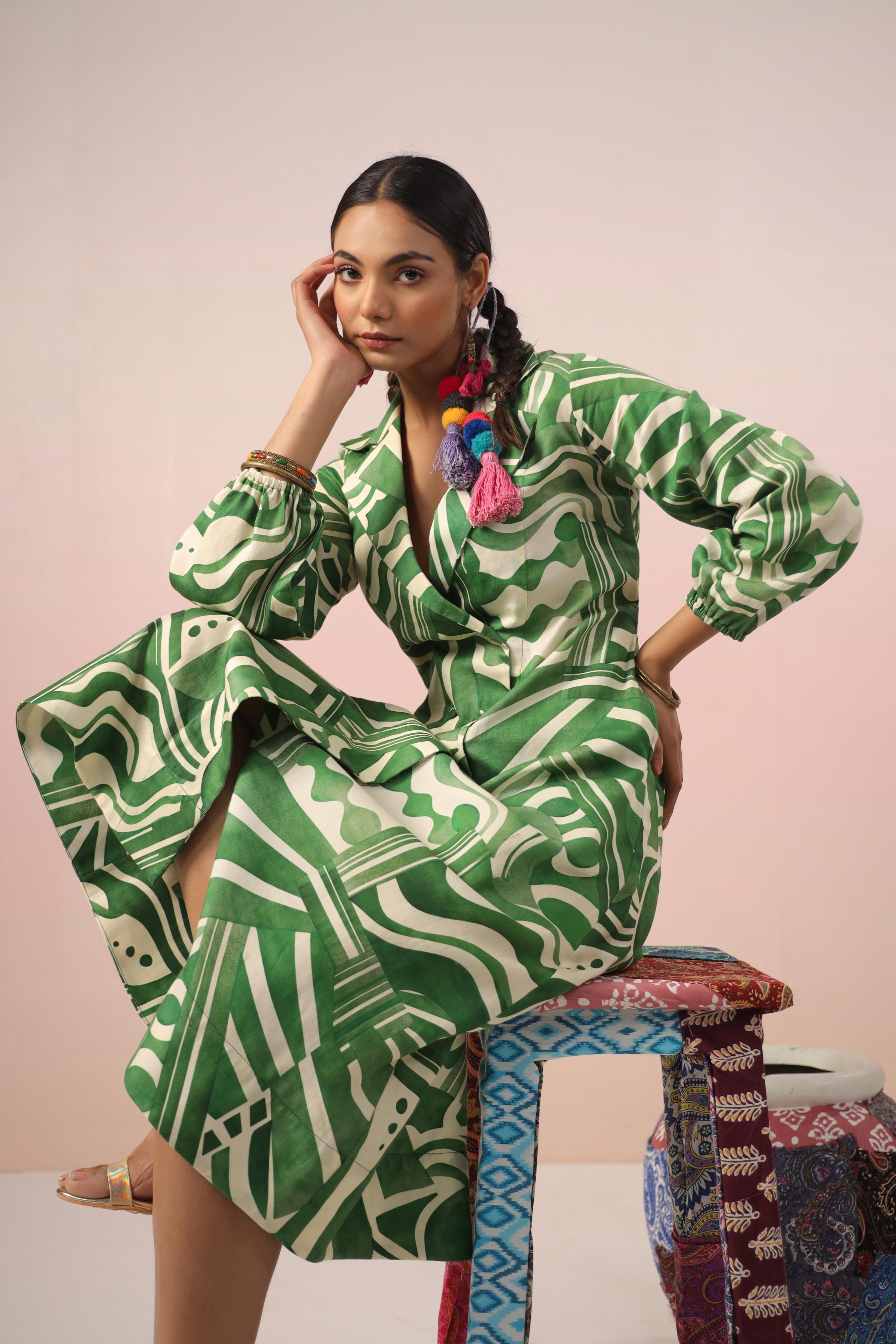 Green Abstract Printed Malai Cotton Dress