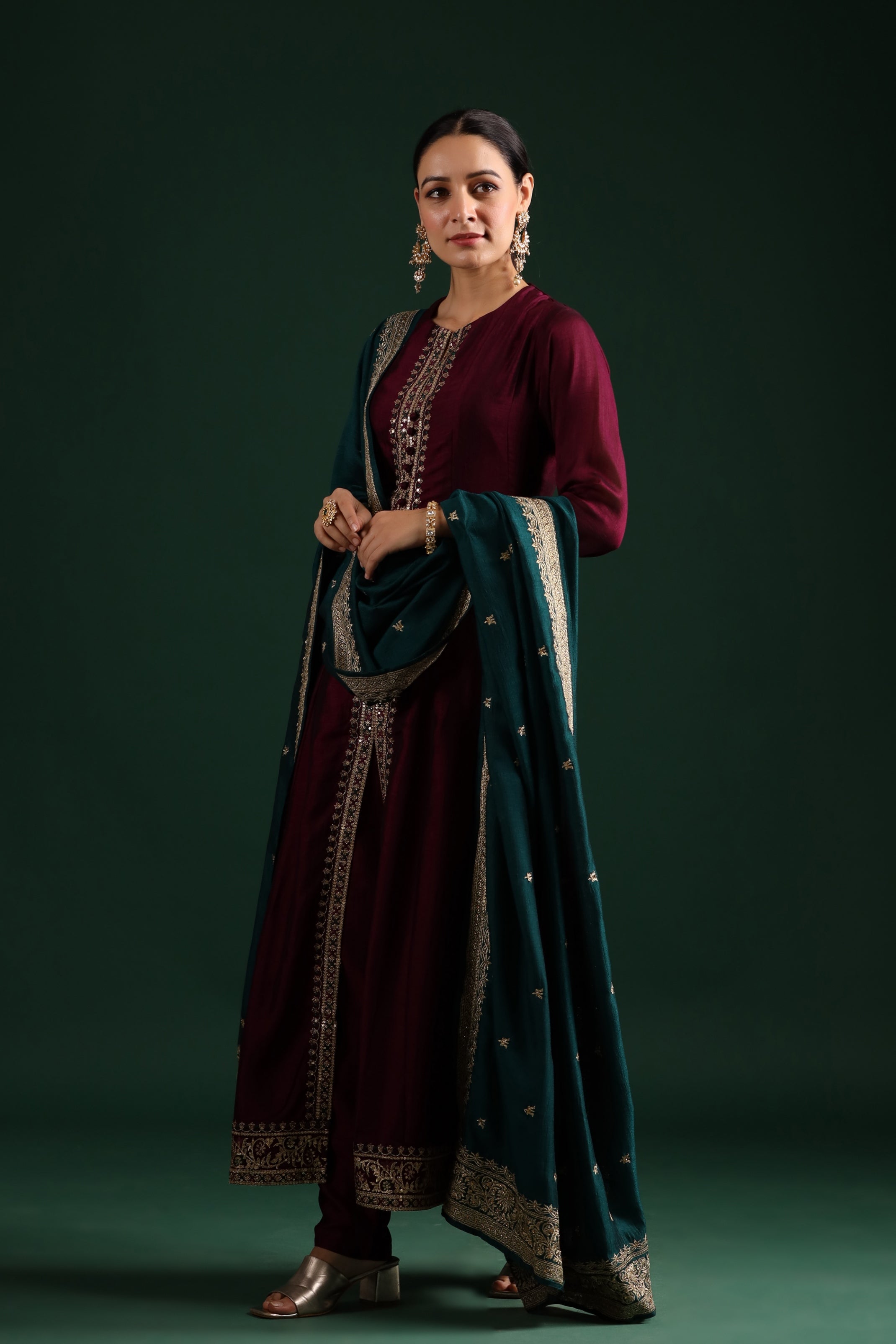 Wine Embellished Tussar Silk Pants Set