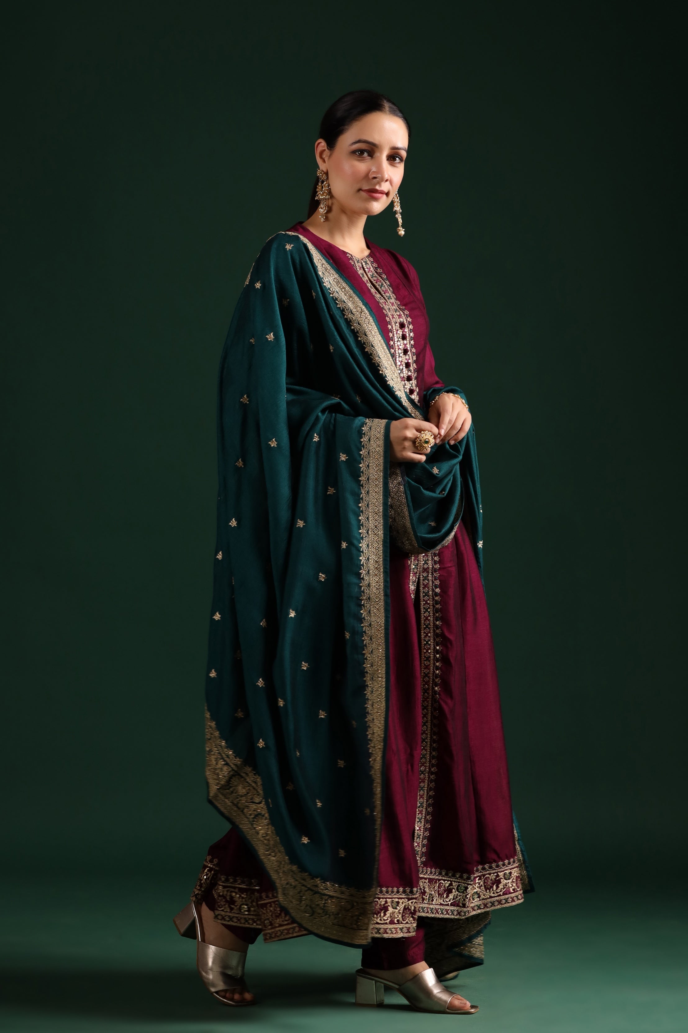 Wine Embellished Tussar Silk Pants Set