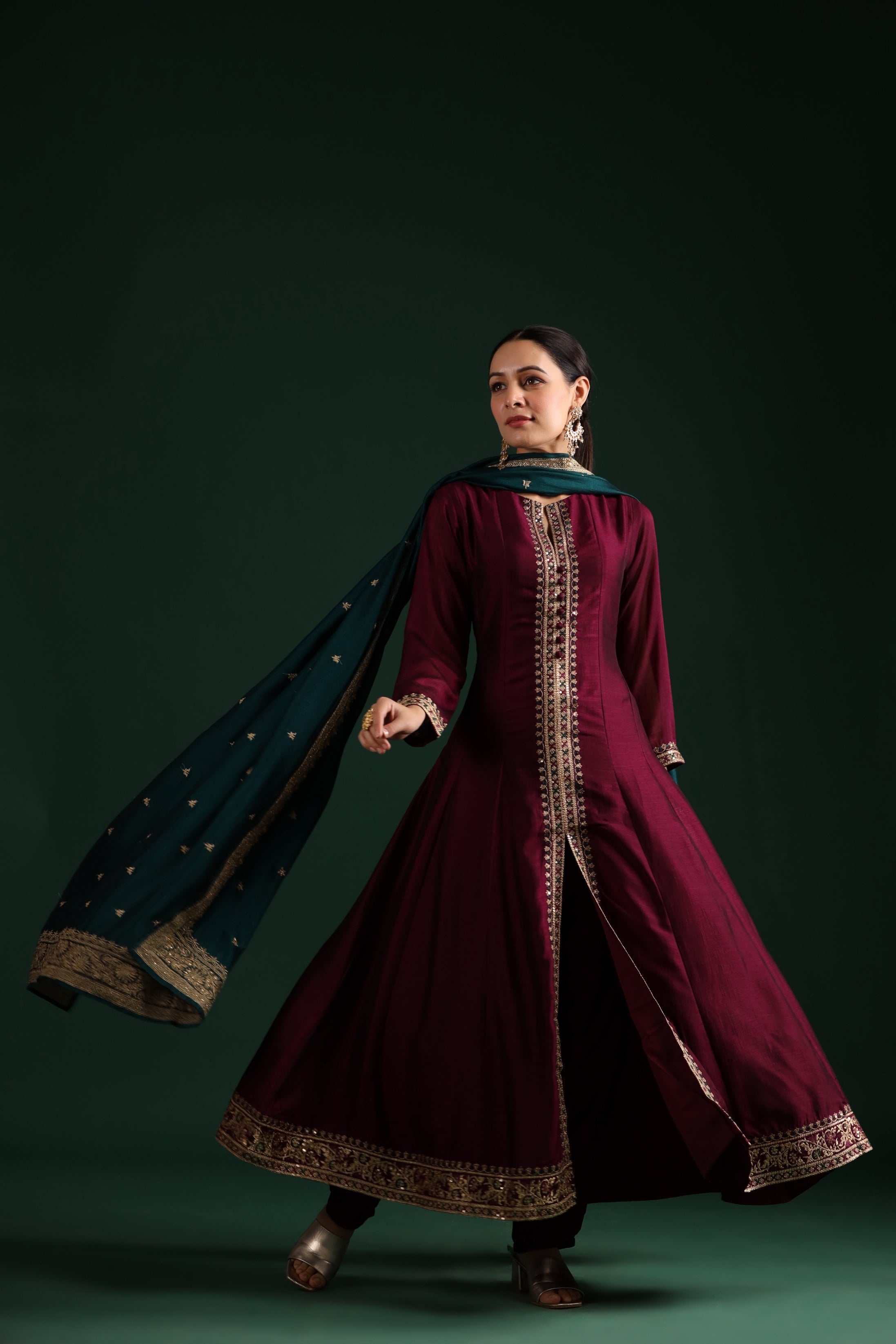 Wine Embellished Tussar Silk Pants Set