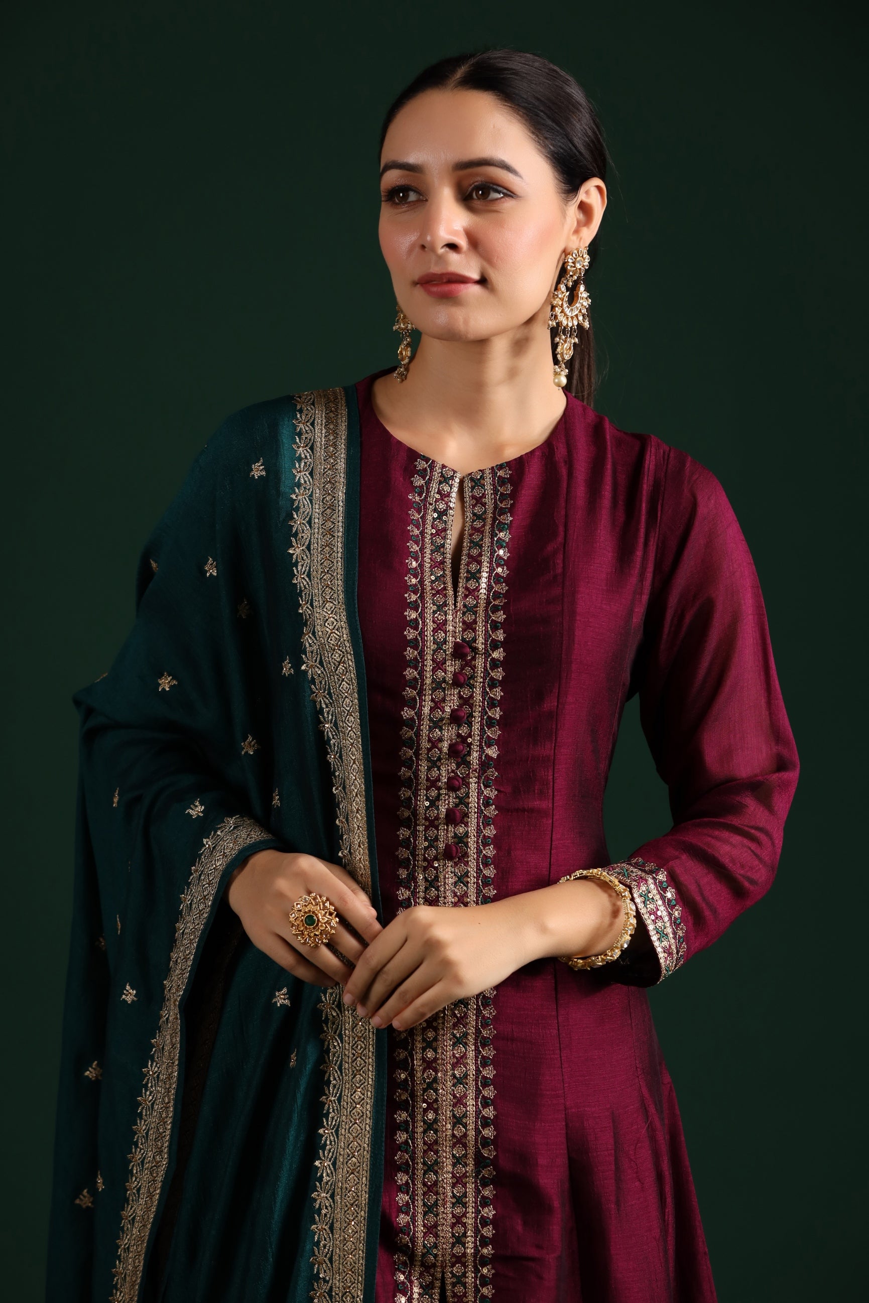 Wine Embellished Tussar Silk Pants Set
