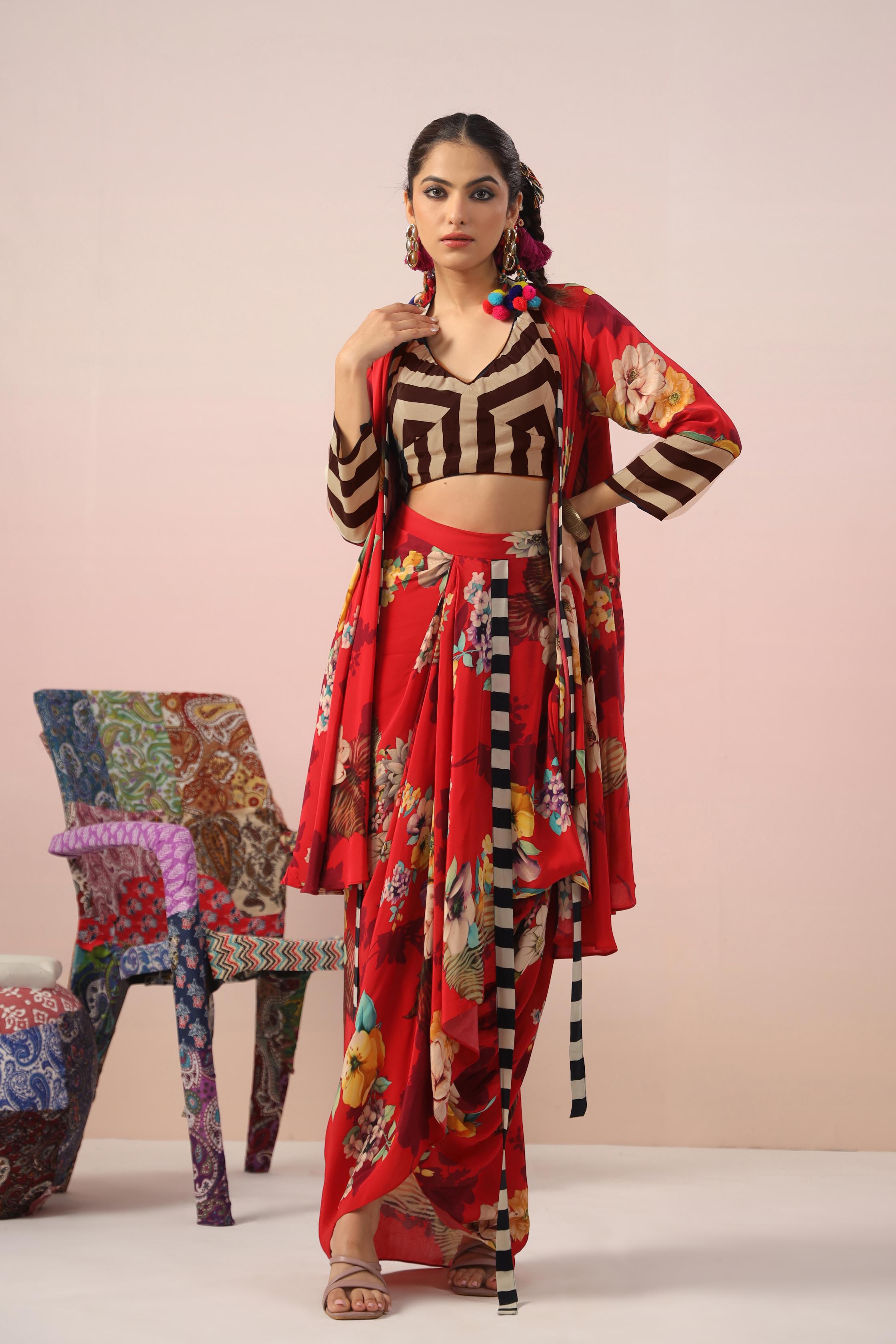 Bright Red Floral Printed Crepe Silk Cape Set